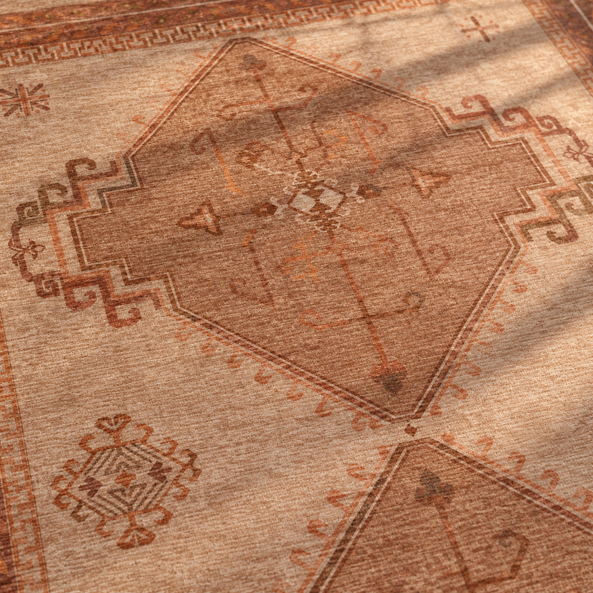 Apollo Wayfarer Court Area Rug — Terracotta / Beige — pattern and surface detail in soft afternoon light. Digital visualization.