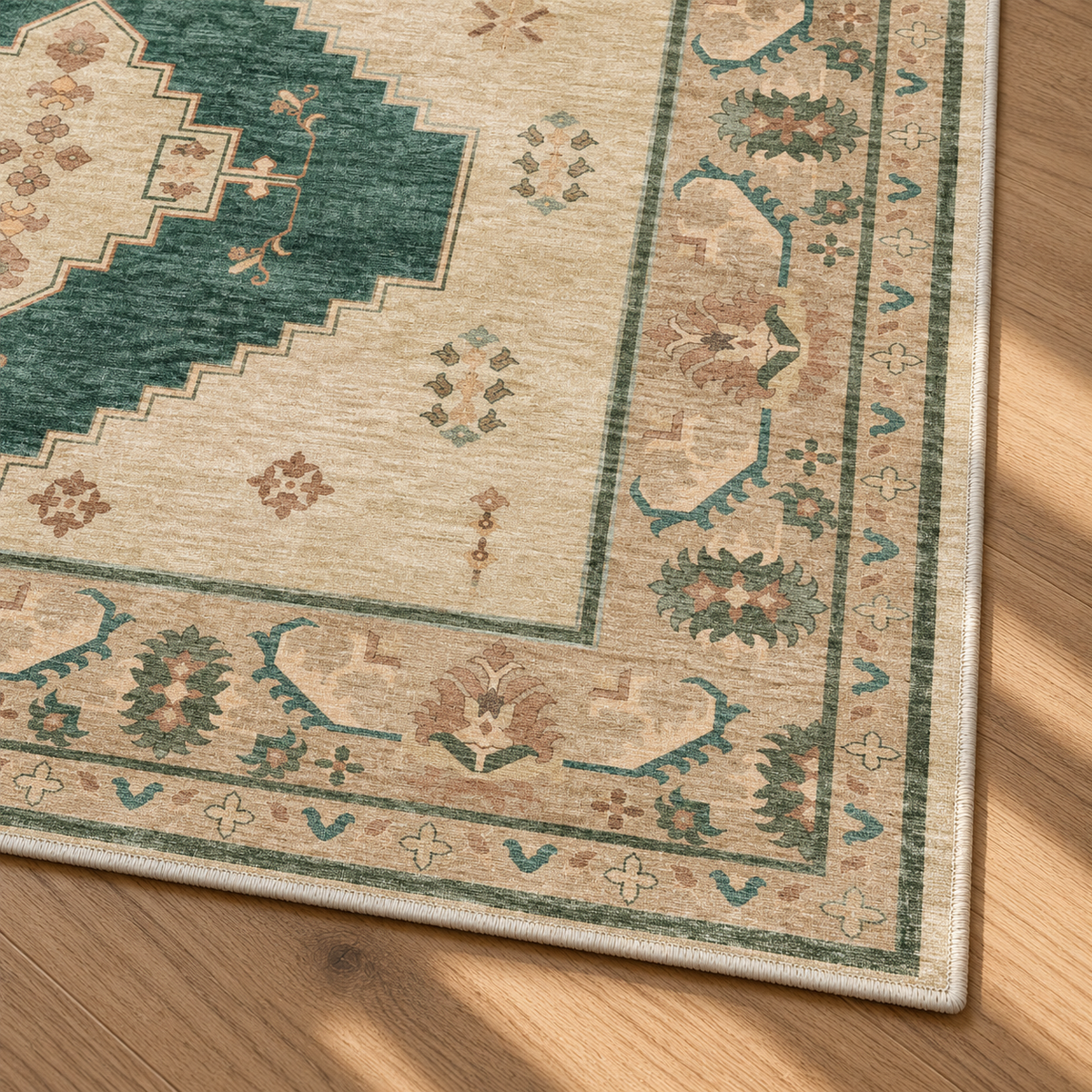Apollo Orchard Passage Area Rug — Pine Green / Cream — corner and edge detail in soft afternoon light. Digital visualization.