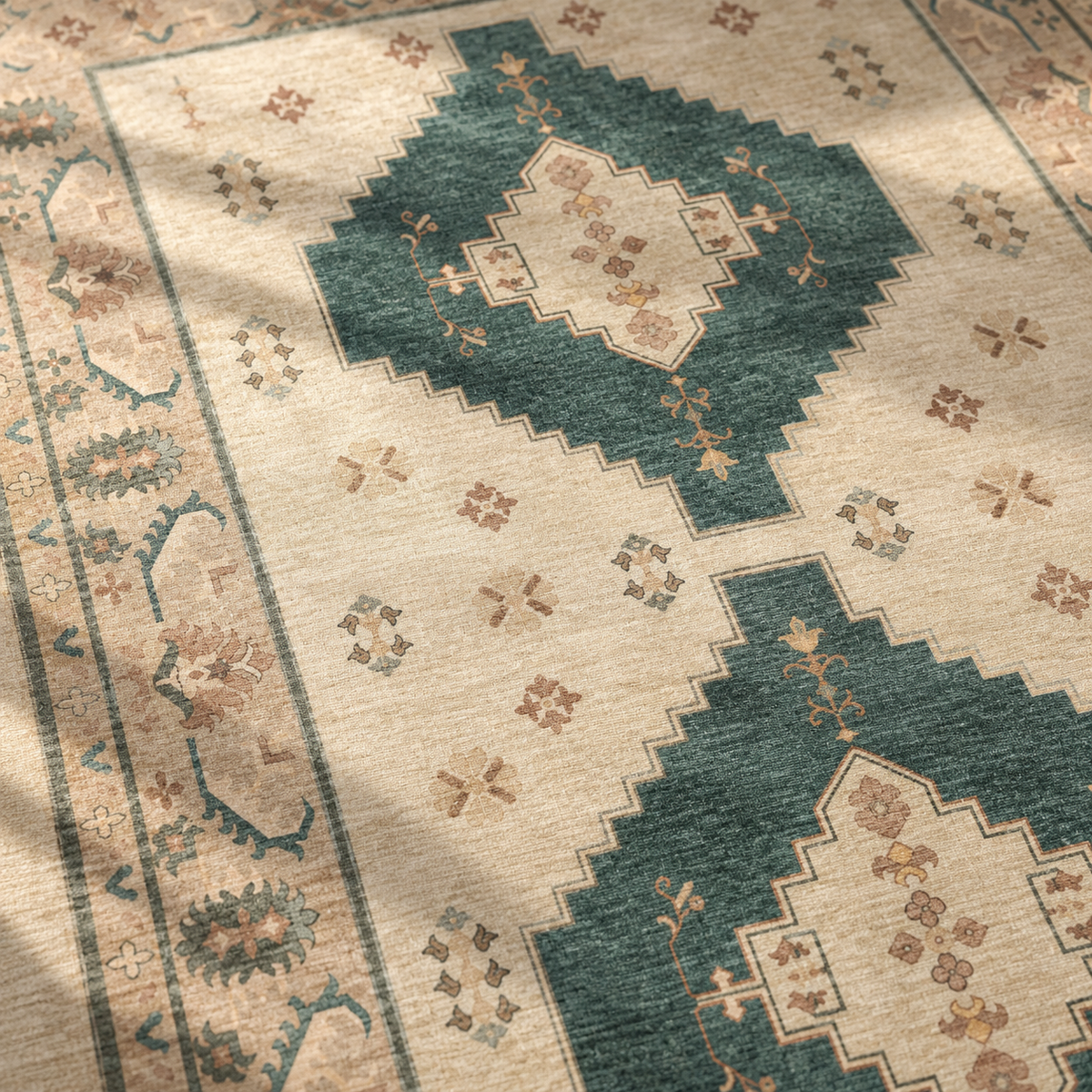 Apollo Orchard Passage Area Rug — Pine Green / Cream — pattern and surface detail in soft afternoon light. Digital visualization.