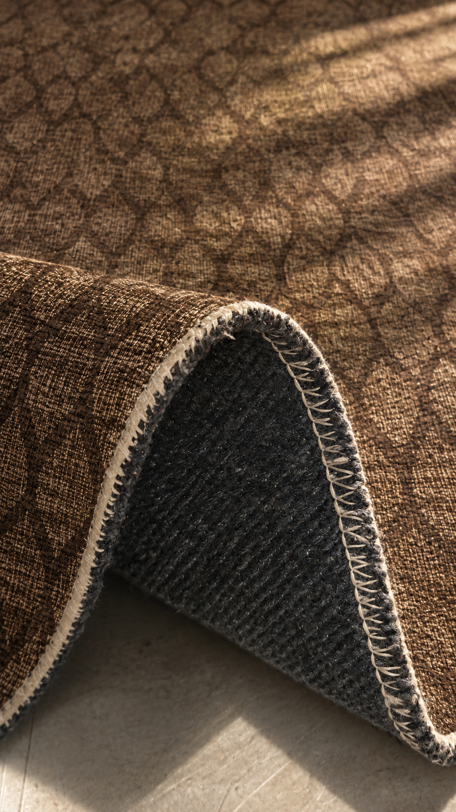 Apollo Brackenline Area Rug — Espresso / Beige — folded rug detail in soft afternoon light. Digital visualization.
