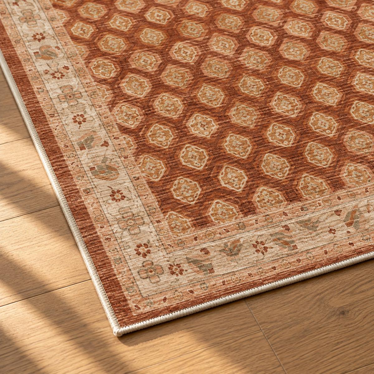 Apollo Filigree Lane Area Rug — Terracotta / Beige — corner and edge detail in soft afternoon light. Digital visualization.