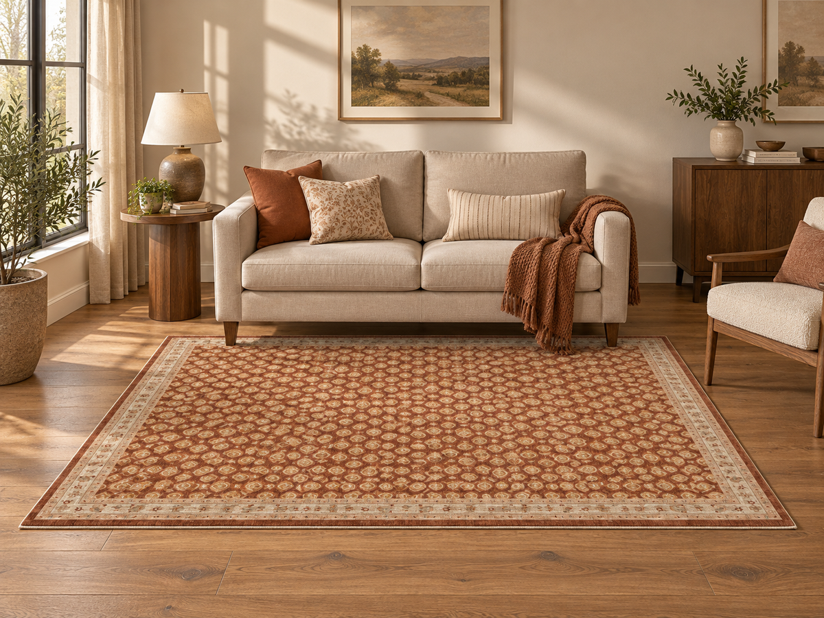 Apollo Filigree Lane Area Rug — Terracotta / Beige — living room in soft afternoon light. Digital visualization.