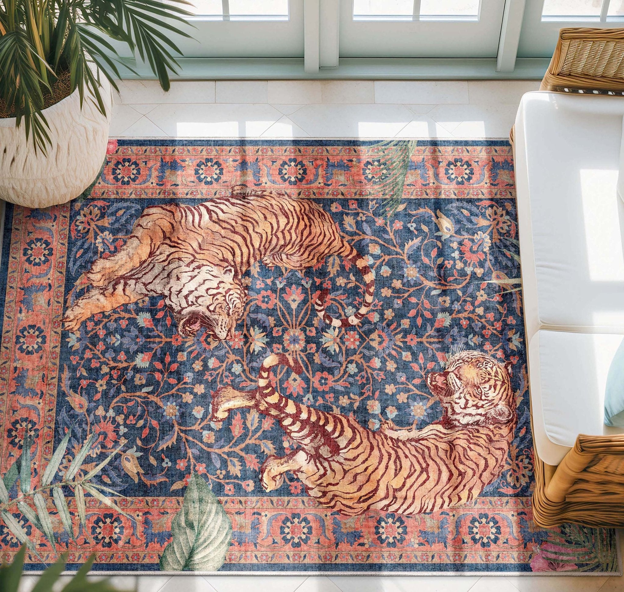 Boho living room with the Apollo Botanical Tiger Navy rug as a statement piece