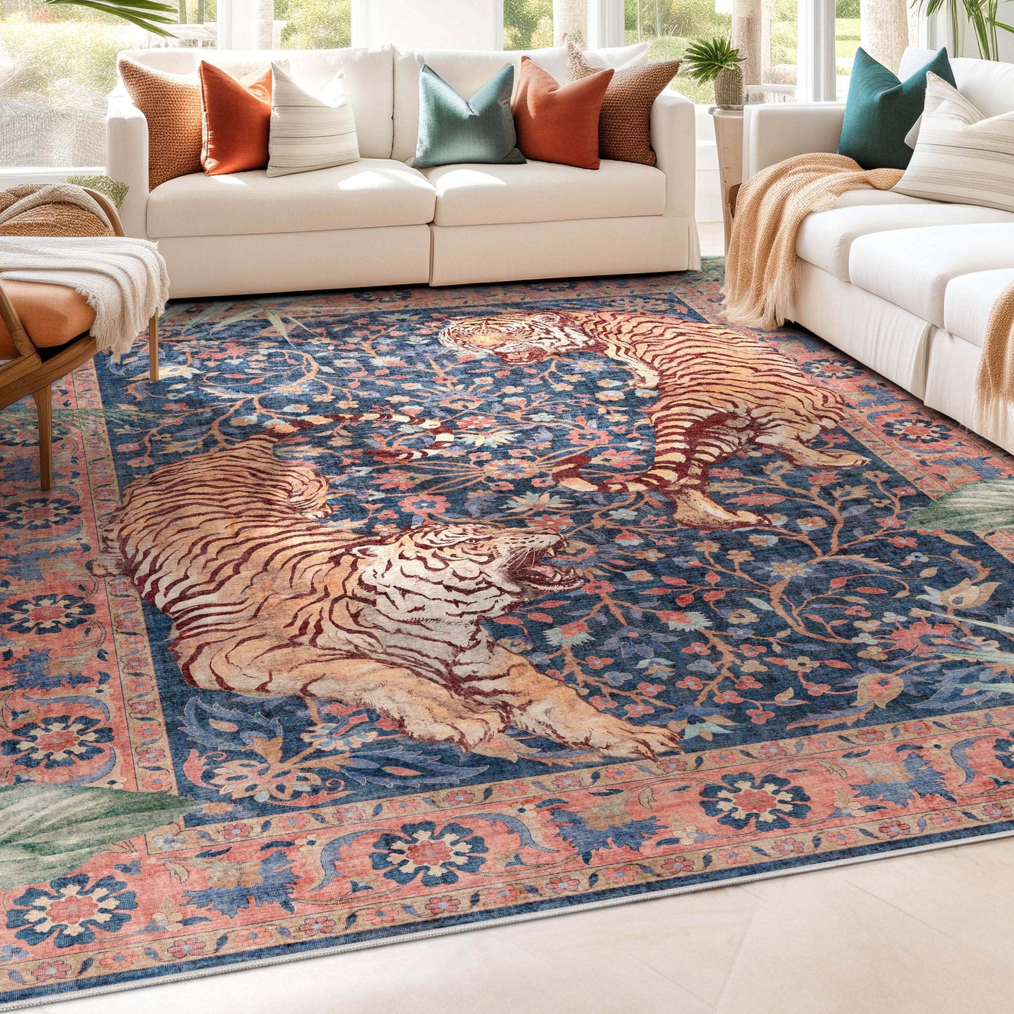 Navy tiger print washable area rug with botanical design in modern living room