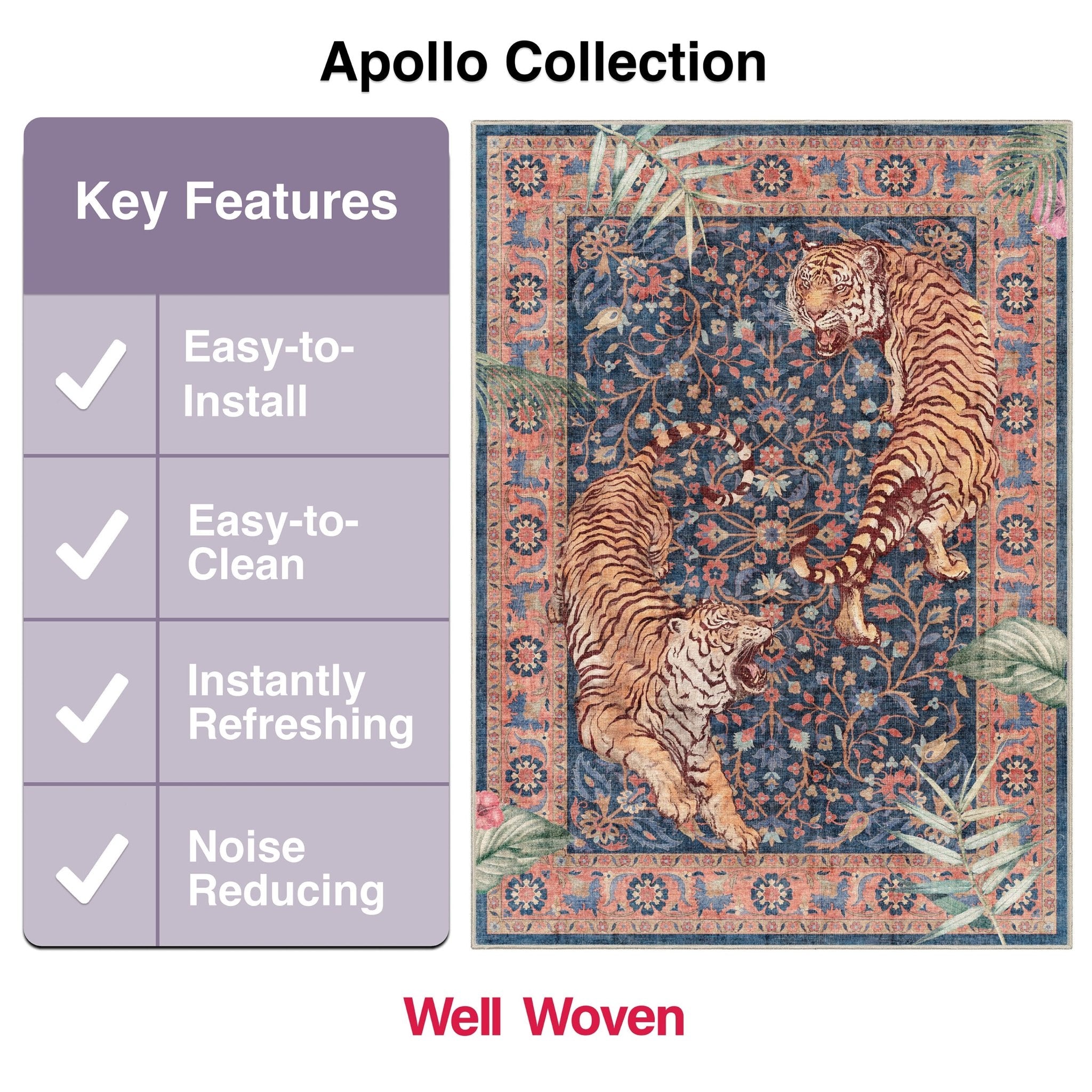 Apollo Botanical Tiger Navy Washable Rug overhead view with key features and benefits: easy to install, easy to clean, instantly refreshing, noise reducing