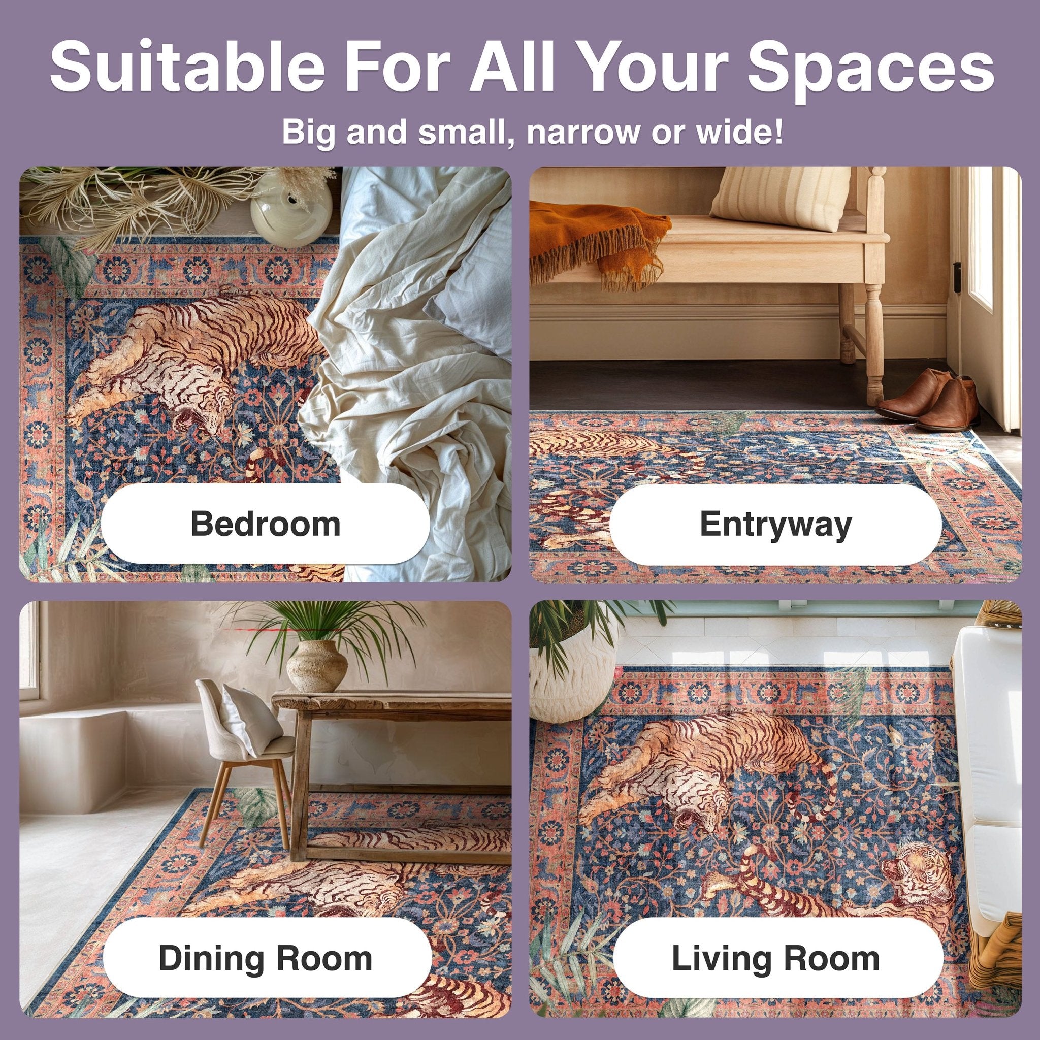 Tiger print navy low profile area rug in various room settings: boho bedroom, busy entryway, tropical dining room, bohemian living area
