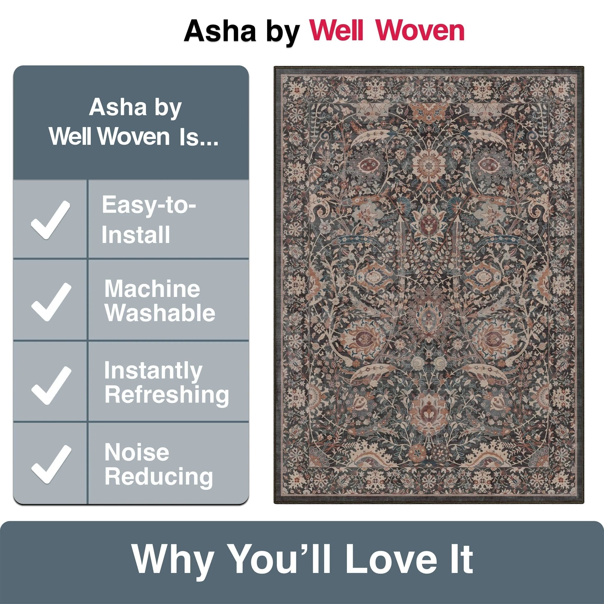Liana Vintage Oriental Charcoal Grey Flat-Weave Rug Well Woven