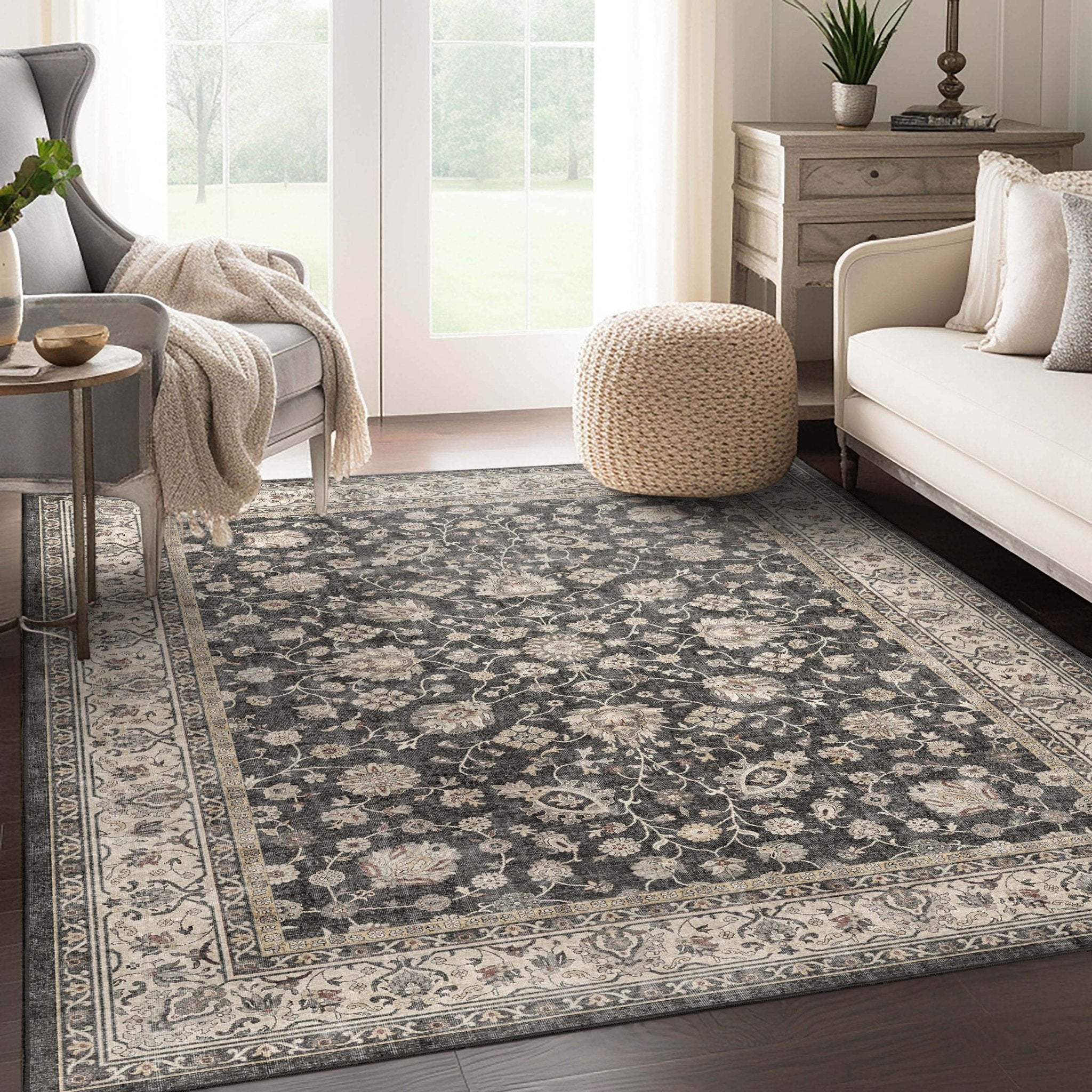 Black - Rome Vintage Oriental Floral Flat-Weave Rug - Well Woven