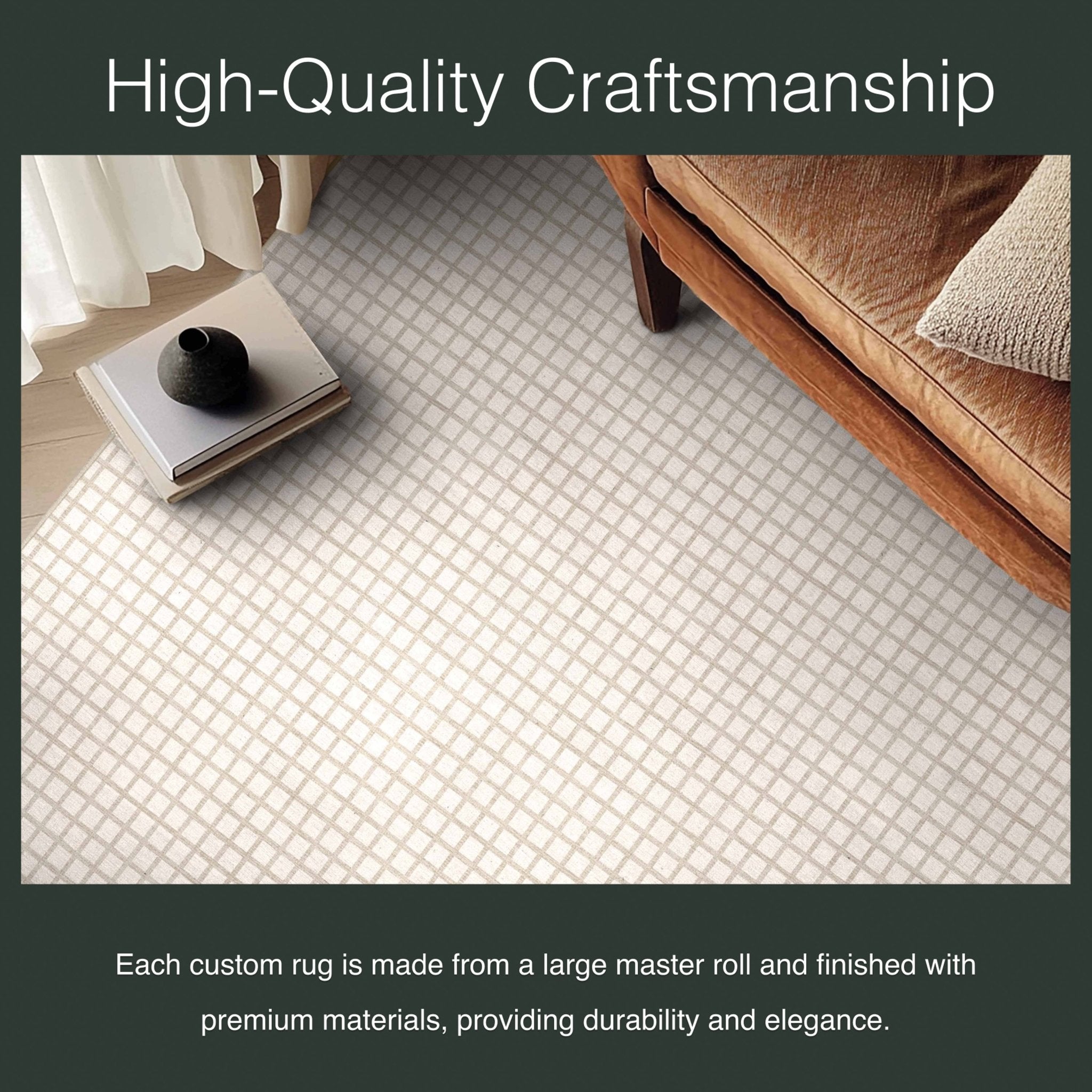 Ulfred Custom Rug - Monochrome Grid , Low Pile, Easy Clean, Personalized Sizes - Well Woven - Close-up of a cream rug with tight weaving, styled under a coffee table, featuring the text: “High-Quality Craftsmanship.”