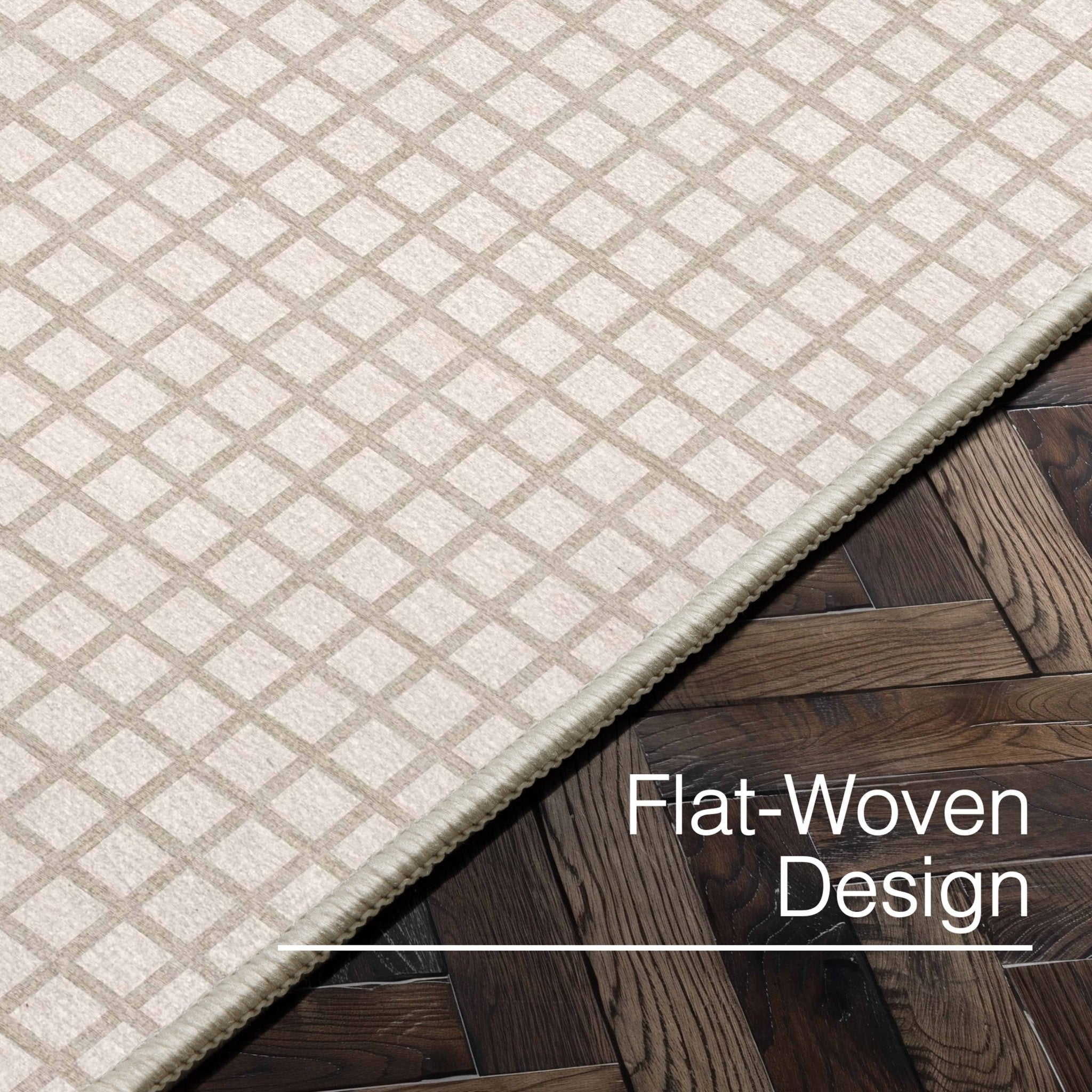 Ulfred Custom Rug - Monochrome Grid , Low Pile, Easy Clean, Personalized Sizes - Well Woven - detail view of a cream-colored rug on a hardwood floor, labeled “Flat-Woven Design” to highlight its low-profile construction.