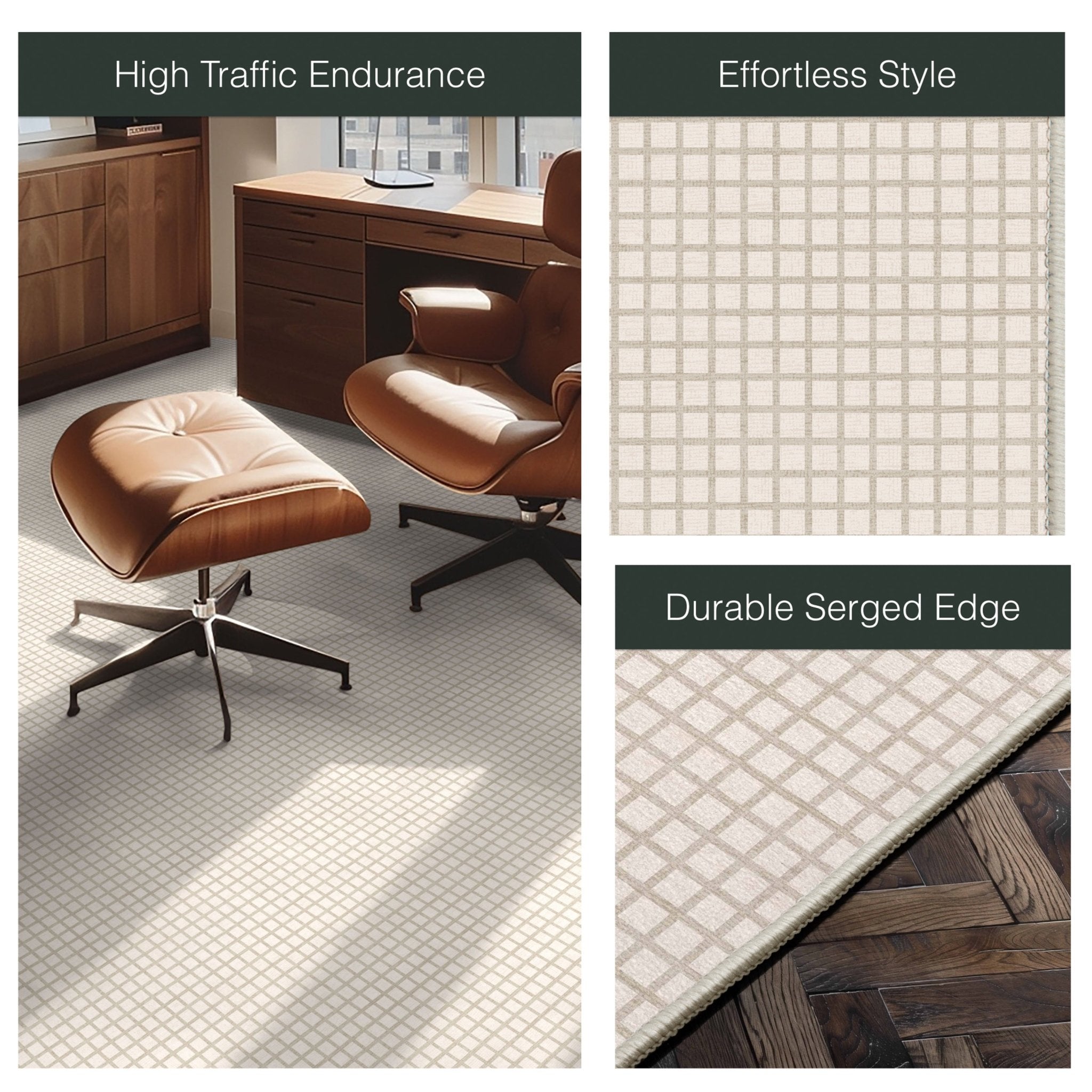 Ulfred Custom Rug - Monochrome Grid , Low Pile, Easy Clean, Personalized Sizes - Well Woven - a beige flat-woven rug in a home office setting with leather chairs, a close-up of the geometric, and a corner detail labeled "Durable Serge Edge."