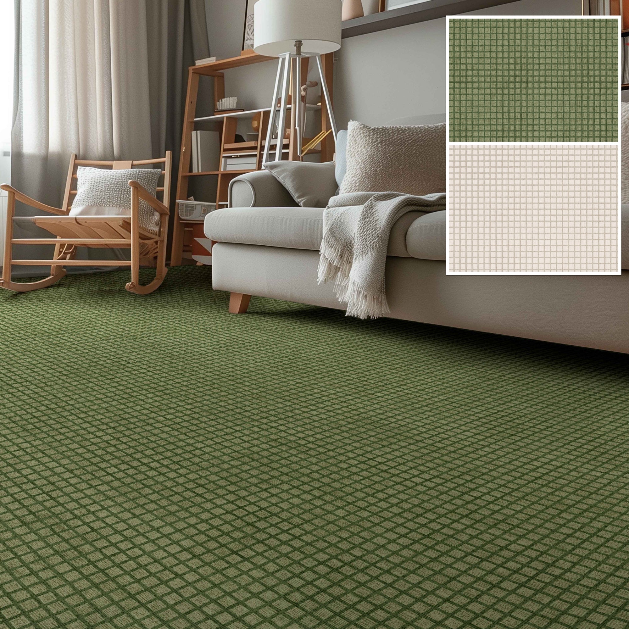 Ulfred Custom Rug - Monochrome Grid , Low Pile, Easy Clean, Personalized Sizes - Well Woven - a green custom rug in a living room