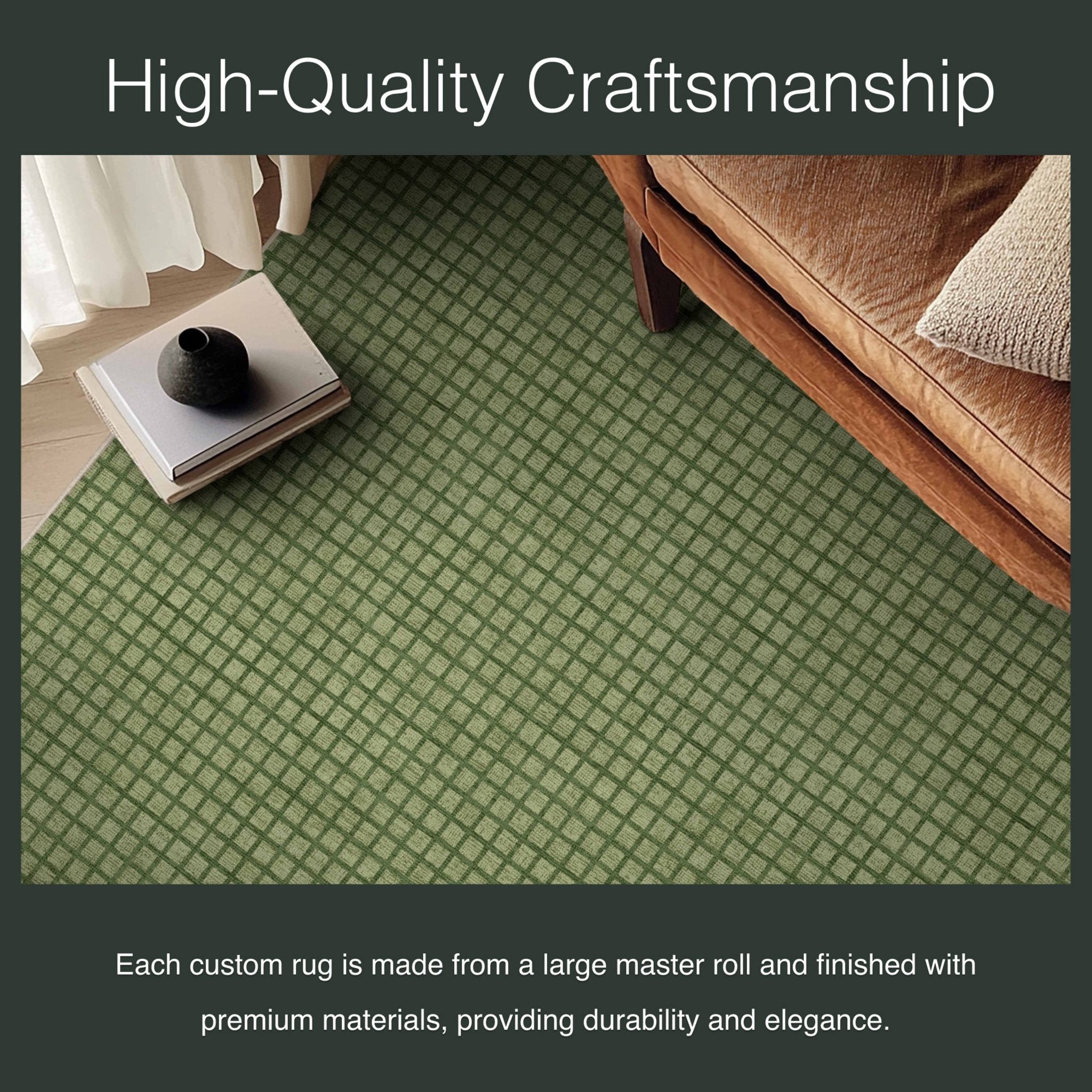 Ulfred Custom Rug - Monochrome Grid , Low Pile, Easy Clean, Personalized Sizes - Well Woven - Close-up of a green rug with tight weaving, styled under a coffee table, featuring the text: “High-Quality Craftsmanship.”