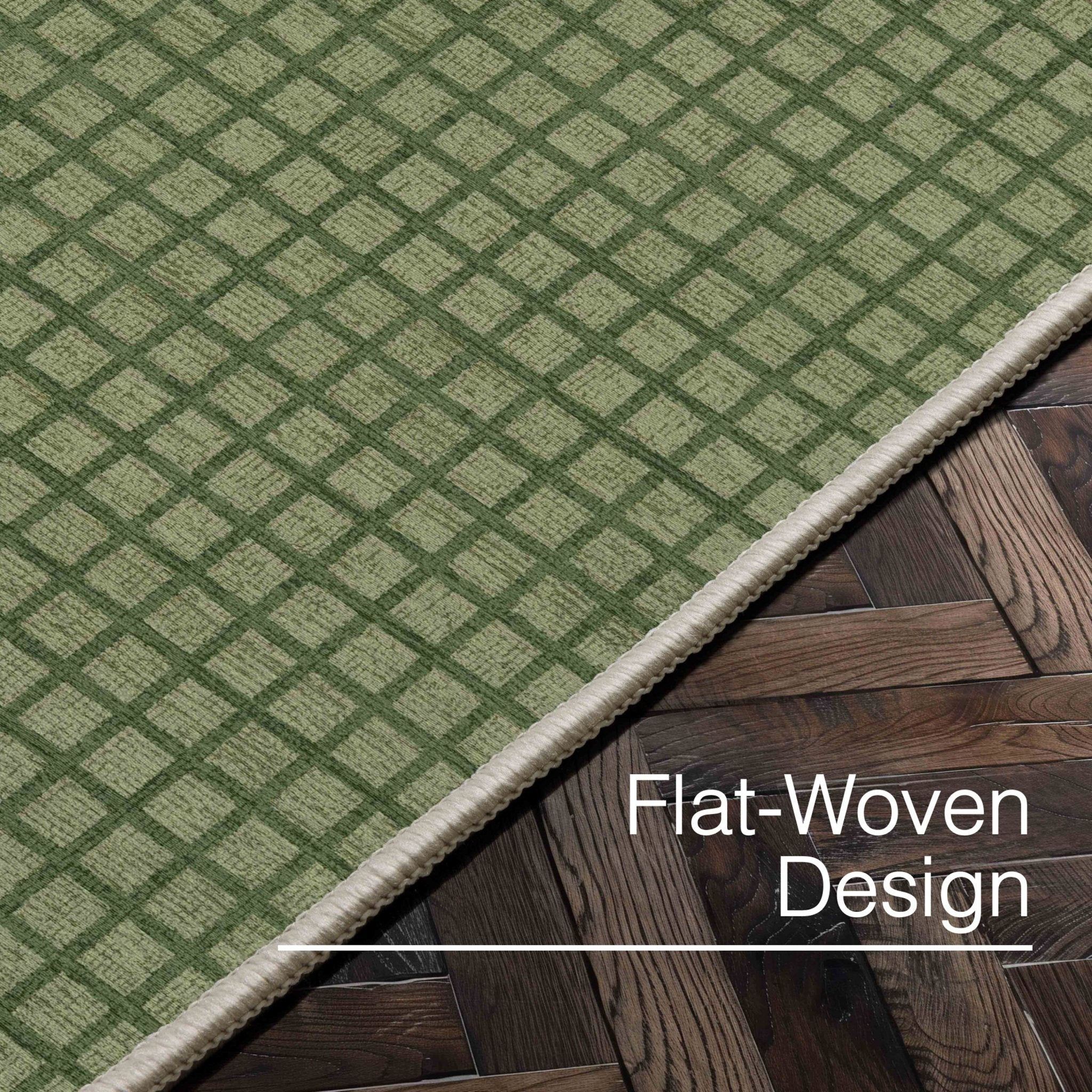 Ulfred Custom Rug - Monochrome Grid , Low Pile, Easy Clean, Personalized Sizes - Well Woven - detail view of a green-colored rug on a hardwood floor, labeled “Flat-Woven Design” to highlight its low-profile construction.