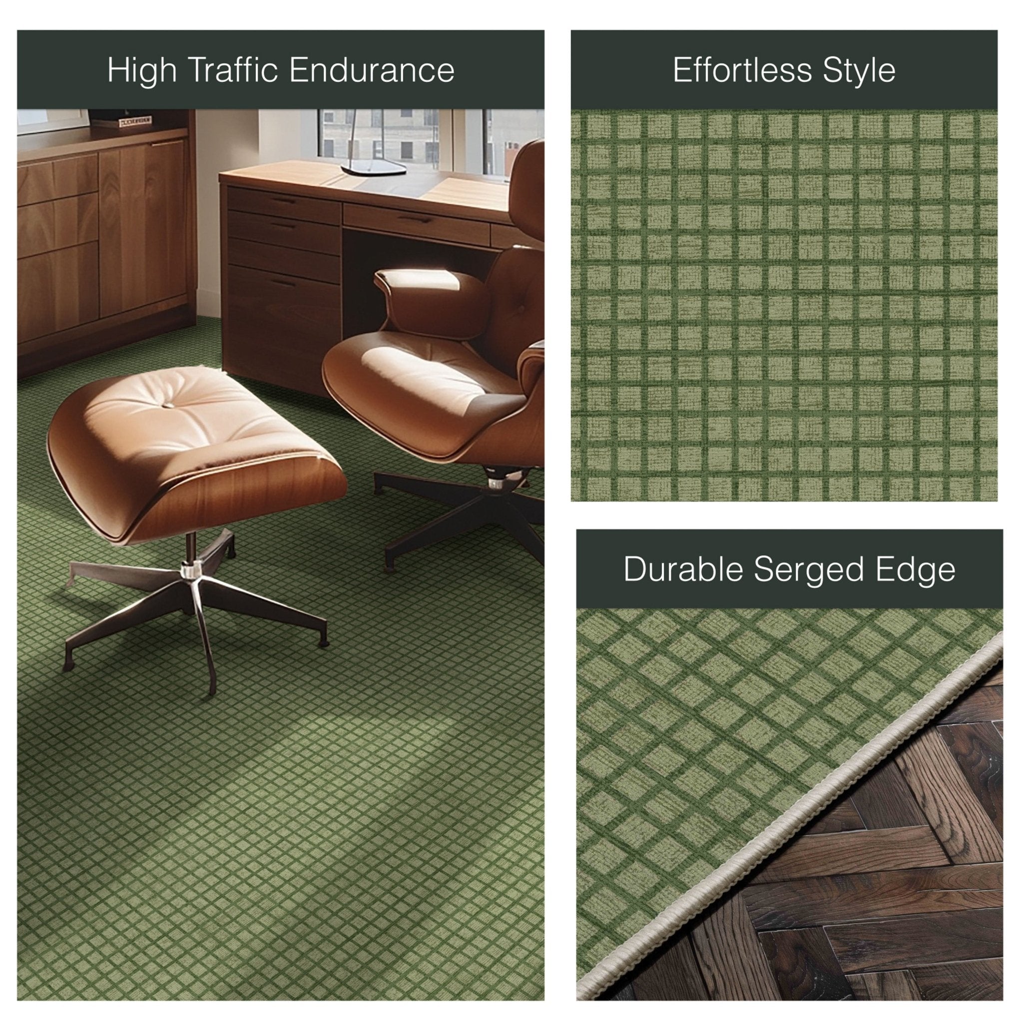 Ulfred Custom Rug - Monochrome Grid , Low Pile, Easy Clean, Personalized Sizes - Well Woven - a green flat-woven rug in a home office setting with leather chairs, a close-up of the geometric, and a corner detail labeled "Durable Serge Edge."