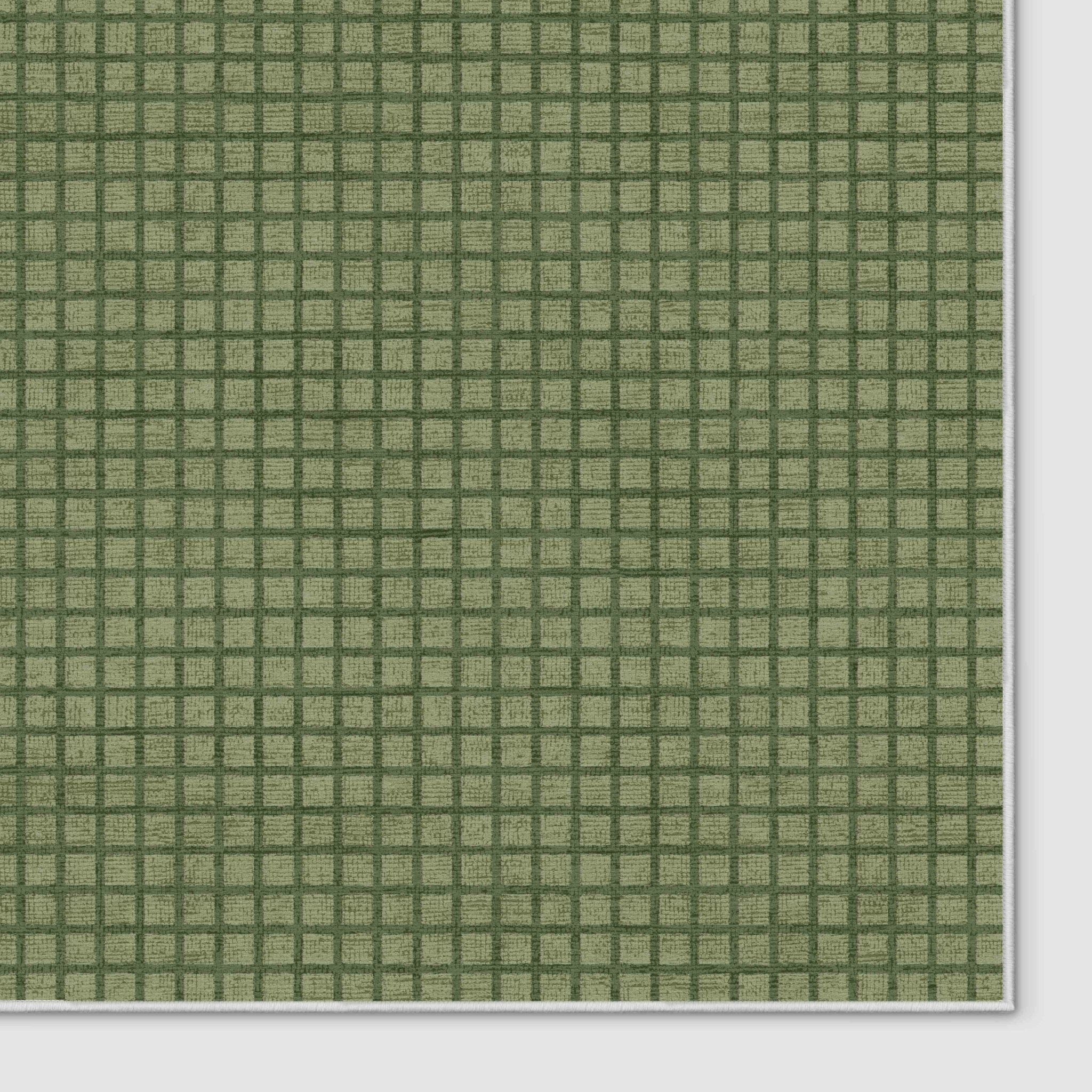 Ulfred Custom Rug - Monochrome Grid , Low Pile, Easy Clean, Personalized Sizes - Well Woven - green rug corner on white