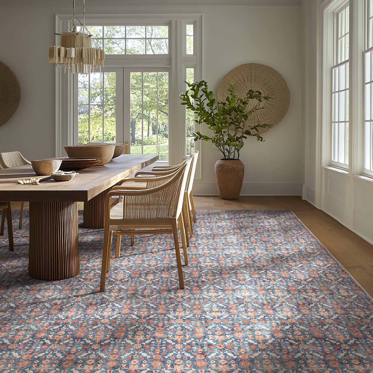 Hilda Blue & Red custom rug in a sunlit dining room