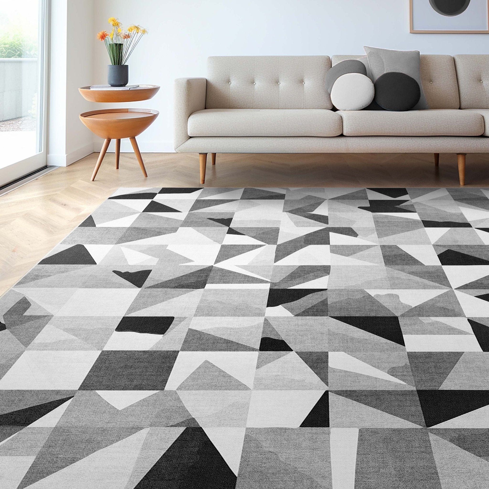 Mid-Century Modern Geometric Black & White Mosaic Pattern Flat Pile Rug Well Woven