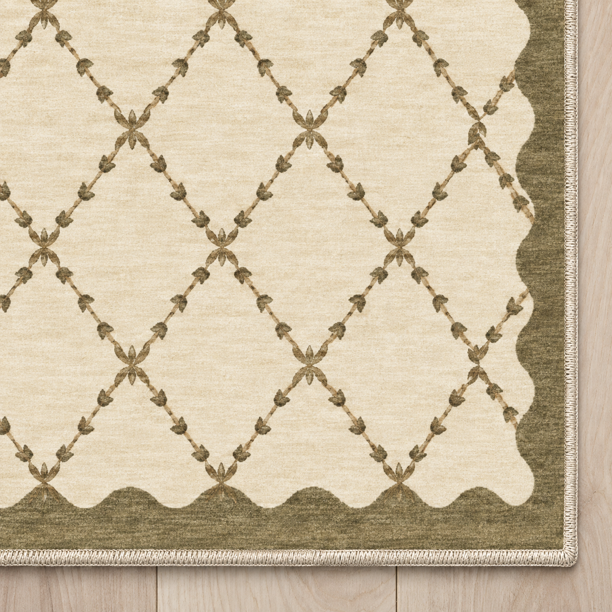 Top-down Apollo Petal Arc in Olive Brown / Cream: chenille corner and cream serged edge — digital material visualization, not a finished-rug photograph.