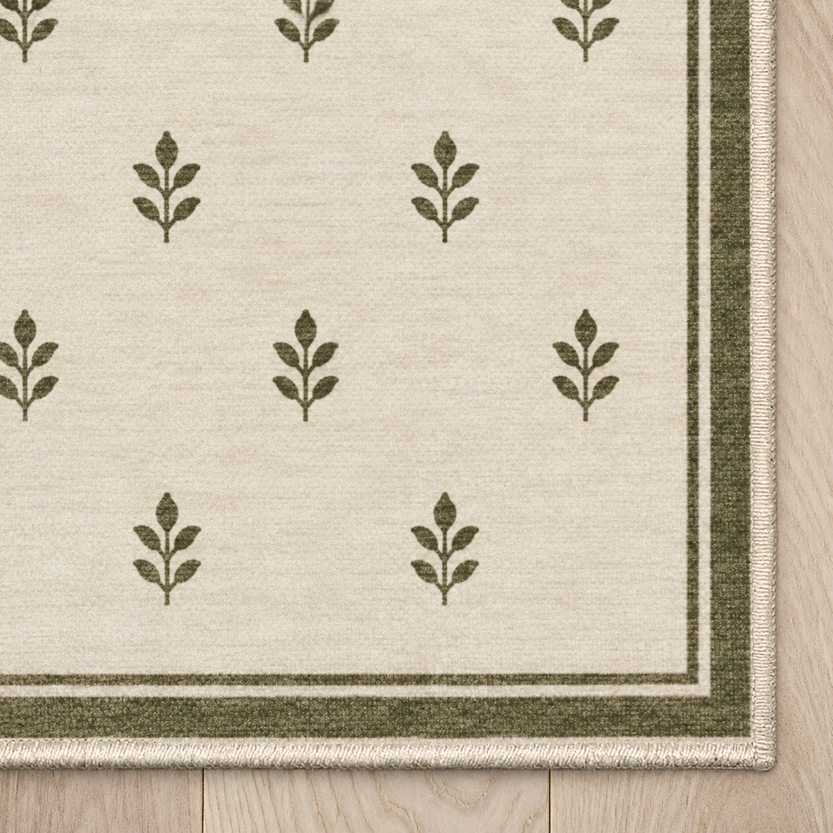 Top-down Apollo Little Orchard in Olive / Cream: chenille corner and cream serged edge — digital material visualization, not a finished-rug photograph.