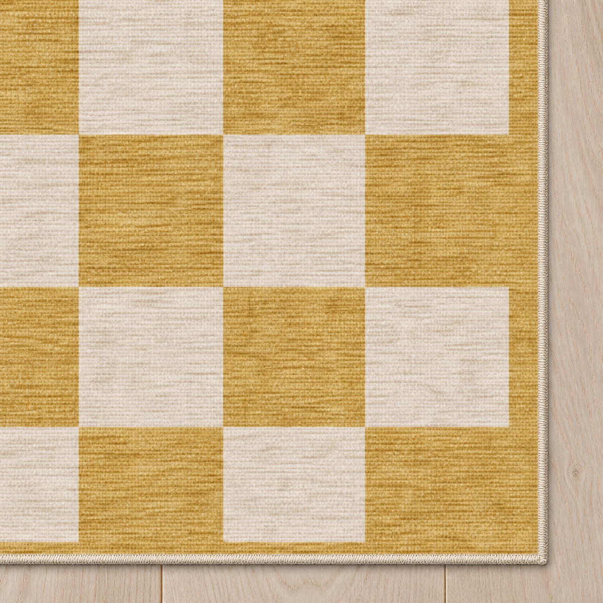 Top-down Apollo Sunday Check in Mustard / Cream: chenille corner and cream serged edge — digital material visualization, not a finished-rug photograph.
