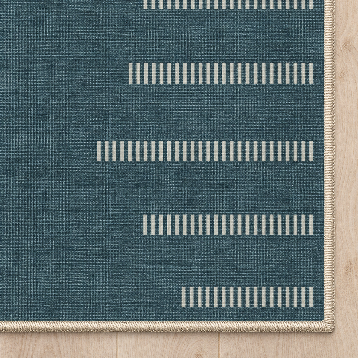 Top-down Apollo Interval Row in Petrol Blue / Beige: chenille corner and cream serged edge — digital material visualization, not a finished-rug photograph.