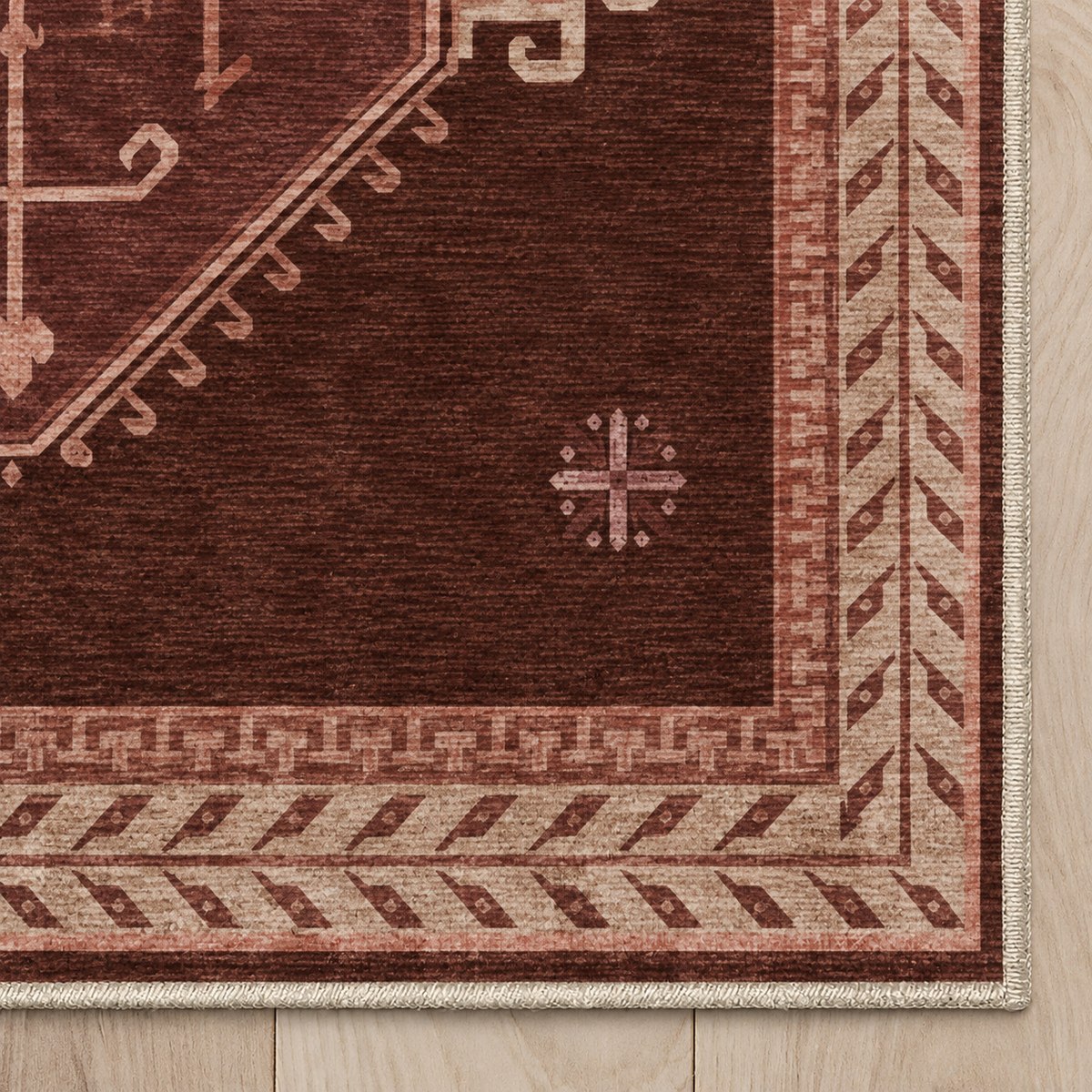 Top-down Apollo Wayfarer Court in Deep Burgundy / Beige: chenille corner and cream serged edge — digital material visualization, not a finished-rug photograph.