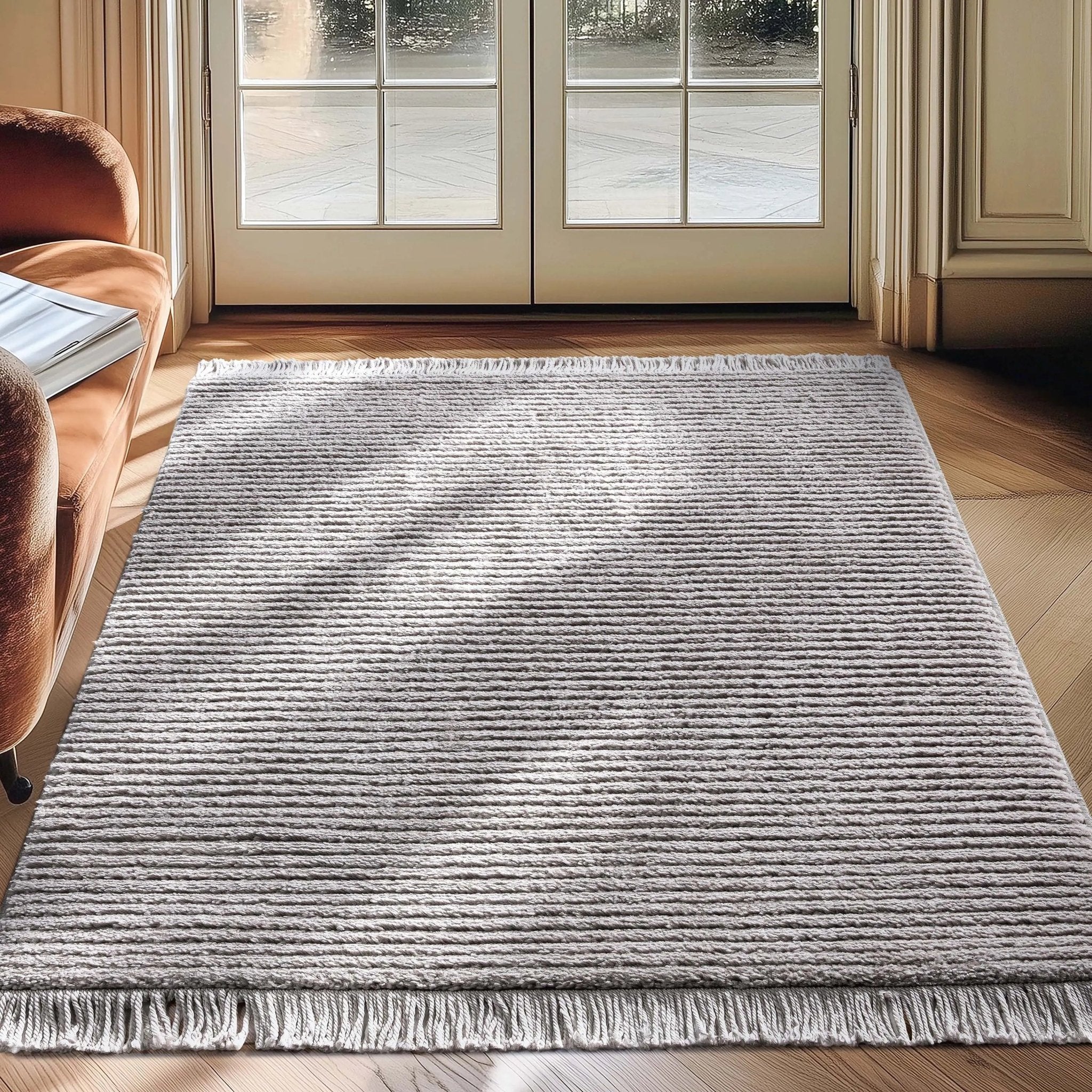Carlow Solid & Striped Textured Taupe Ivory Ultra Soft High-Low Shag Rug Well Woven