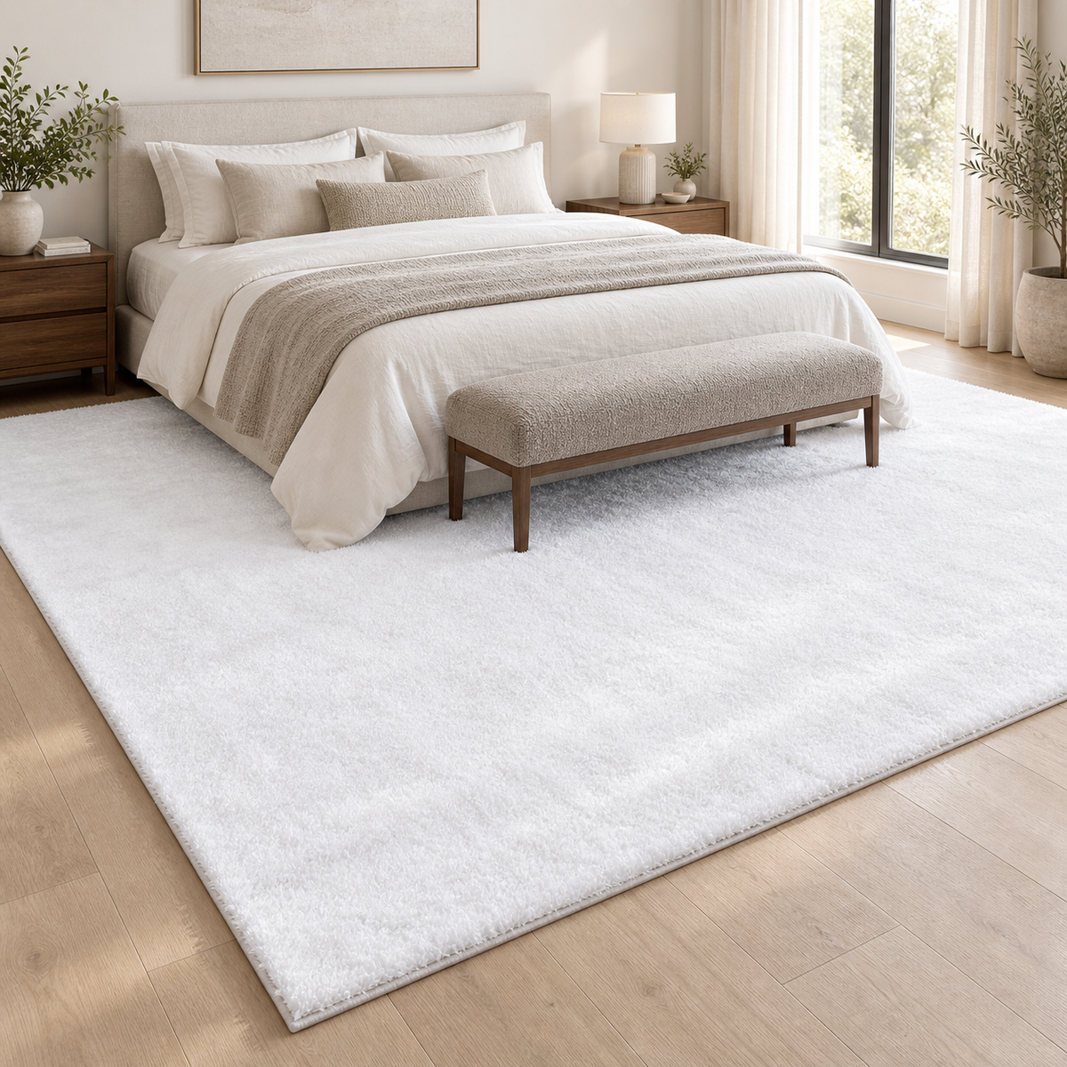 Feather Liza Powder White fluffy custom rug beneath a king bed in a bright bedroom, shown at approximately 10 by 14 feet.