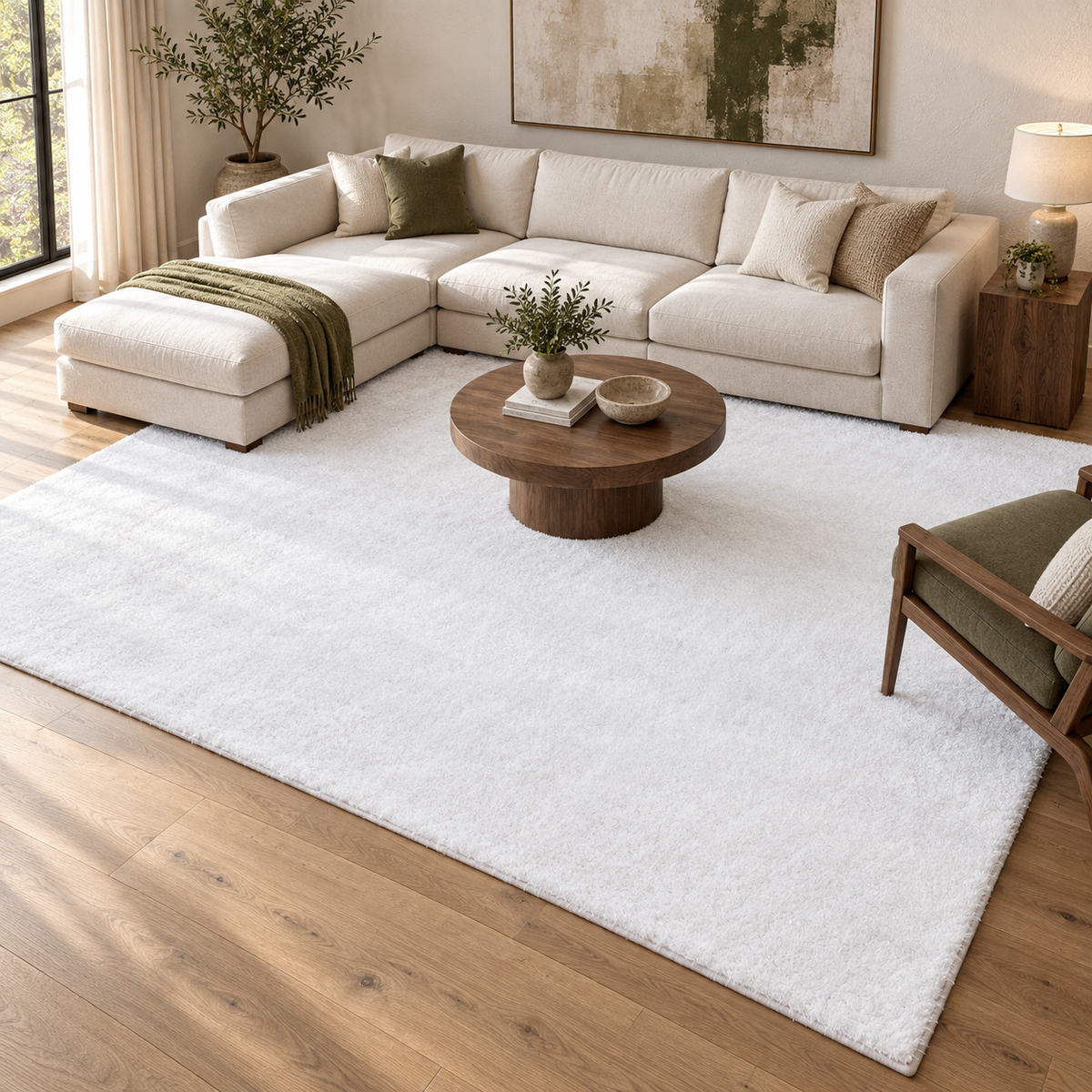 Feather Liza Powder White fluffy custom rug in a warm living room, shown at approximately 9 feet 6 inches by 13 feet 6 inches.