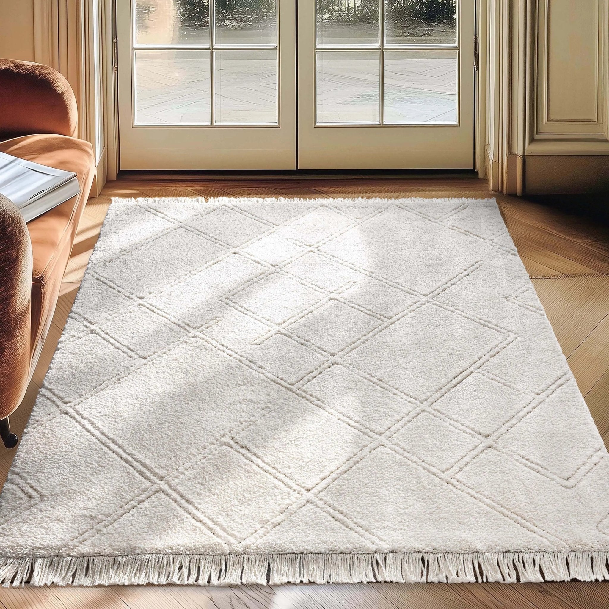 Firth Moroccan Trellis Textured Ivory Ultra Soft High-Low Shag Rug Well Woven