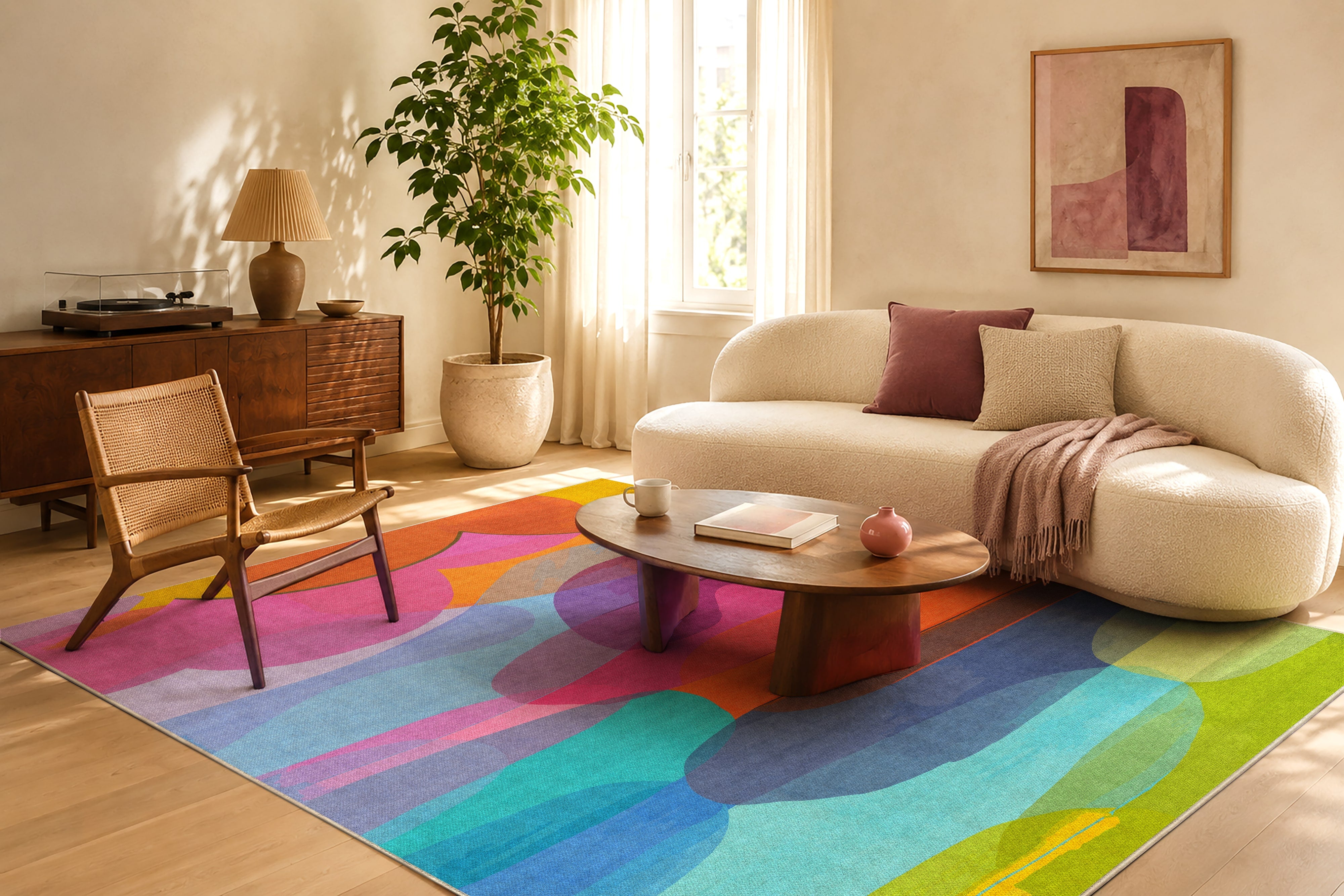 Honey I'm Home rug by Claire Desjardins, styled in a room.