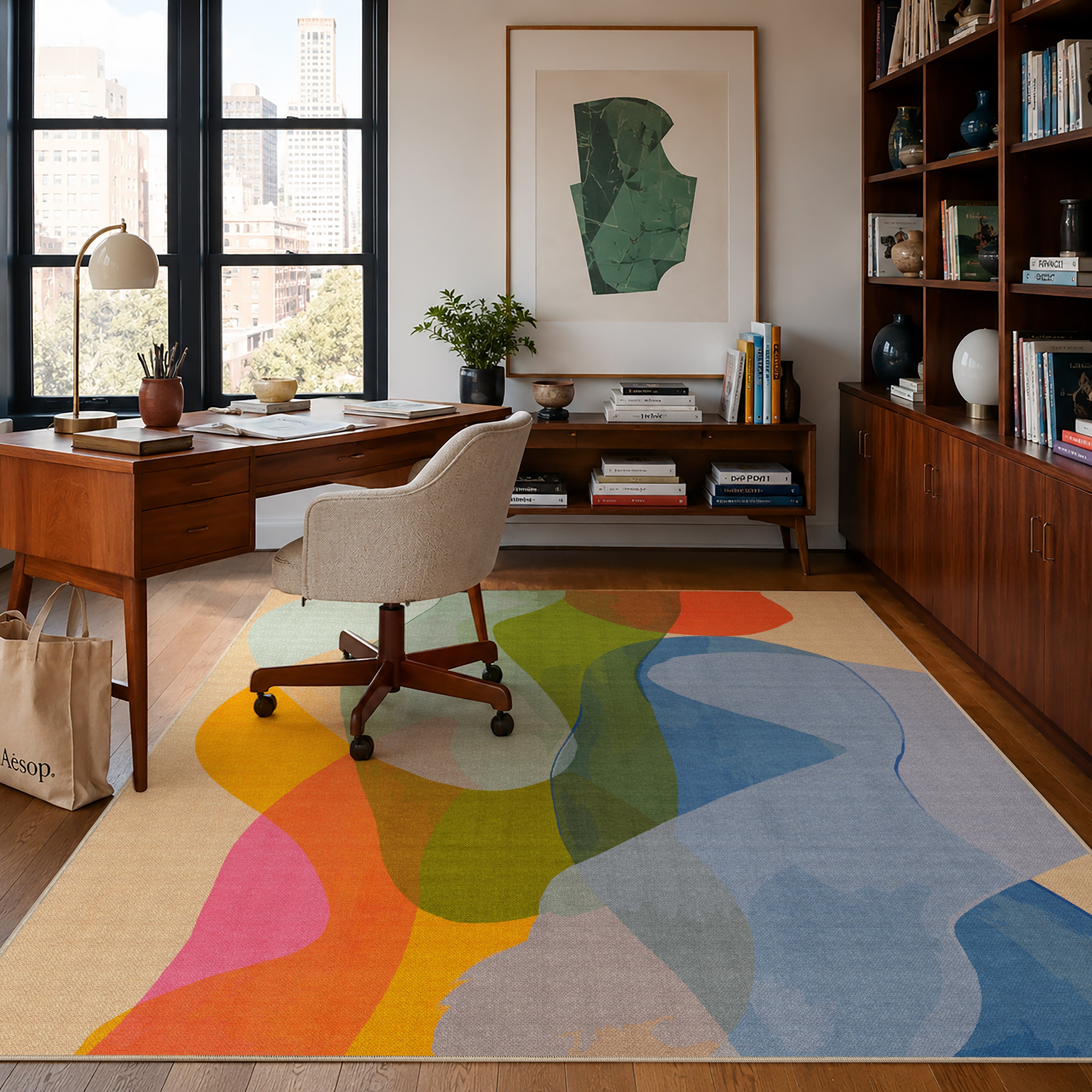 Late September rug by Claire Desjardins, styled in a room.