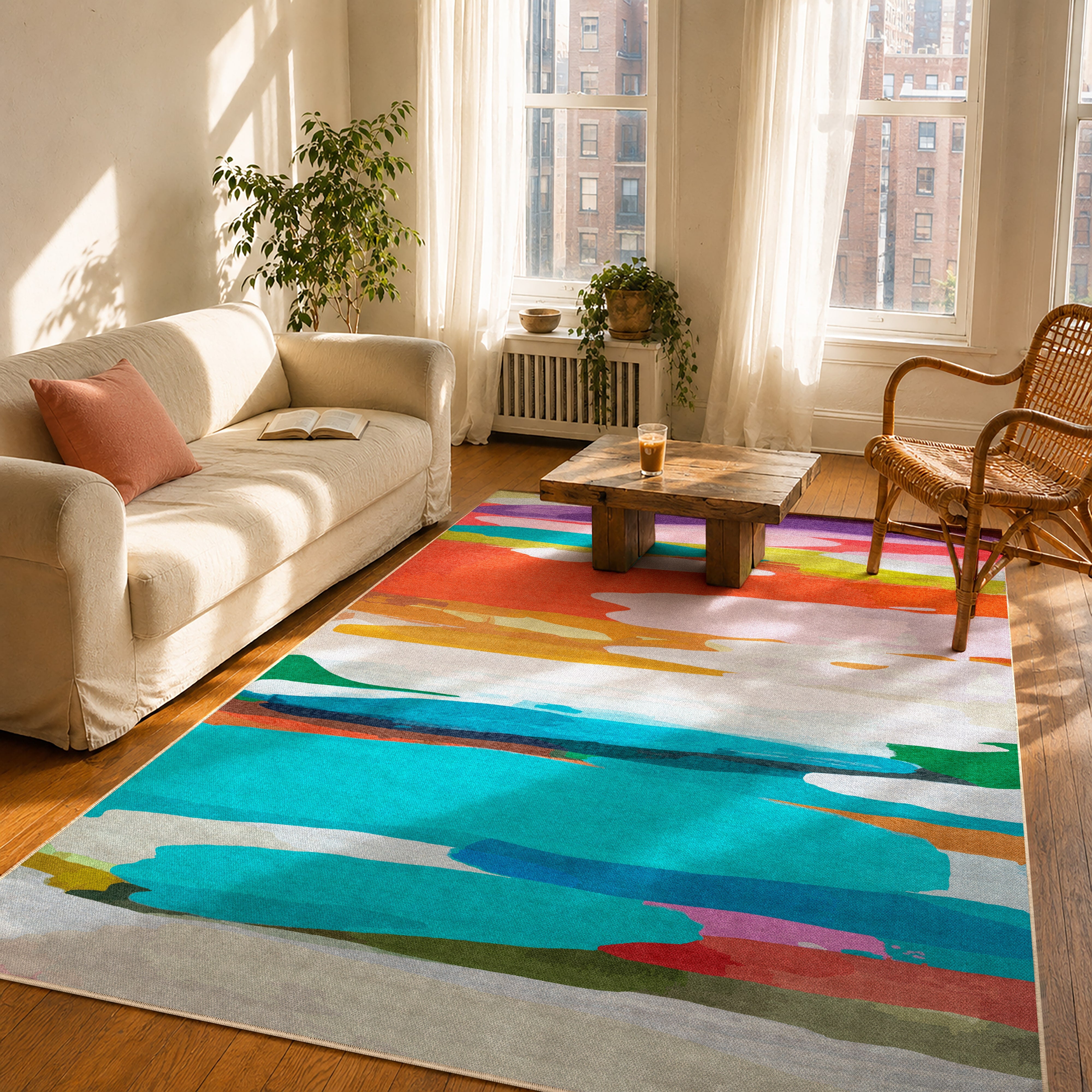 On Holiday rug by Claire Desjardins, styled in a room.