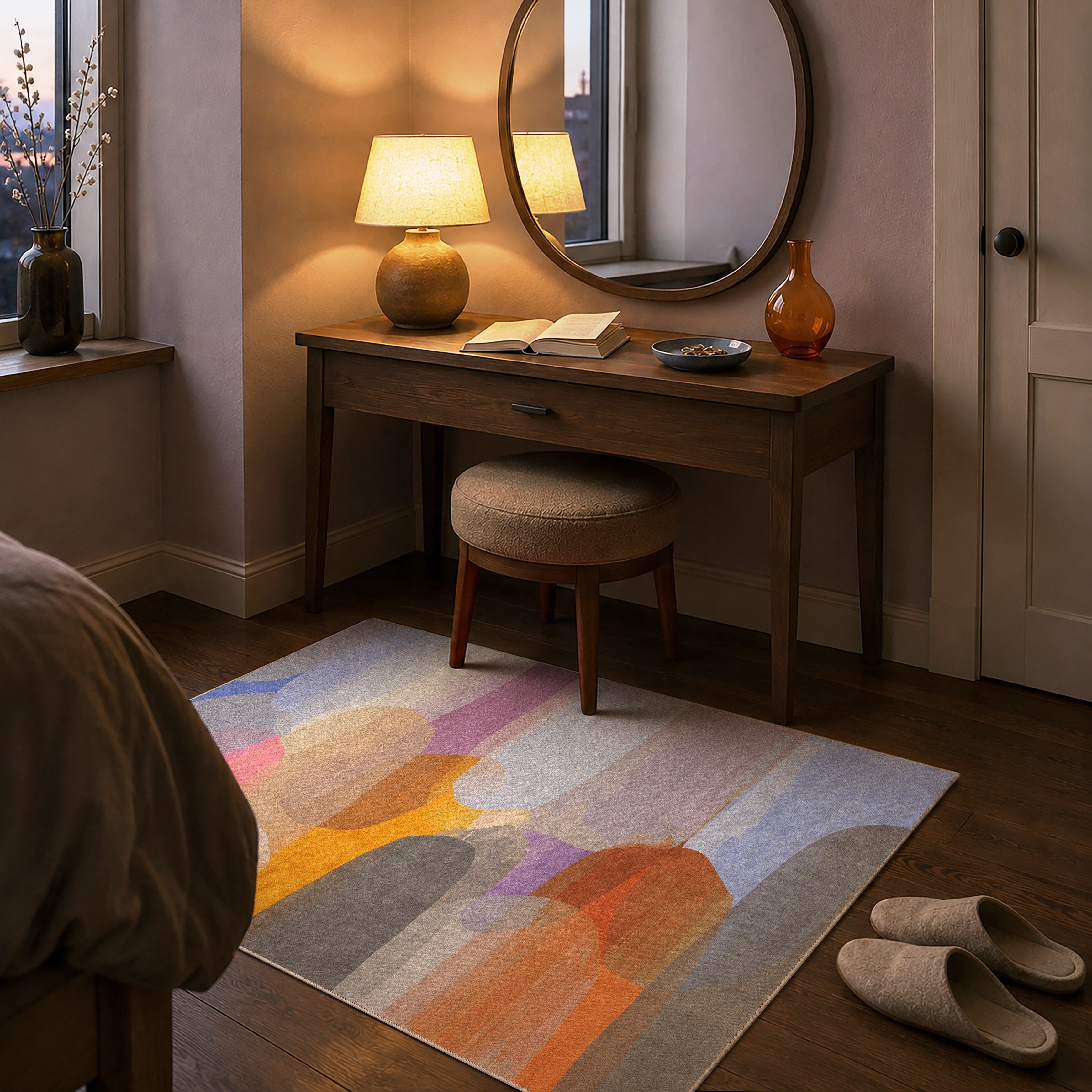 When the Sun Sets rug by Claire Desjardins, styled in a room.