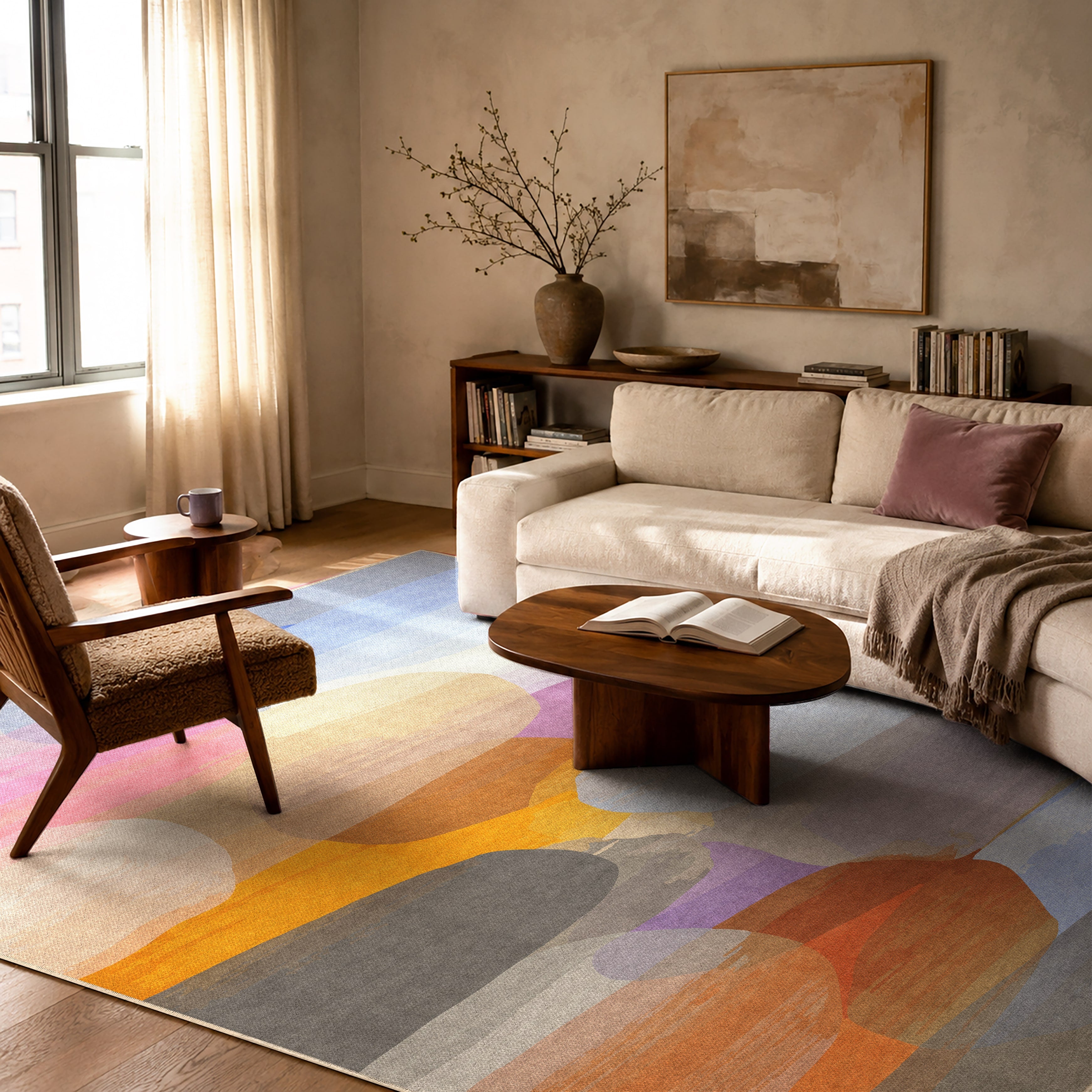 When the Sun Sets rug by Claire Desjardins, styled in a room.