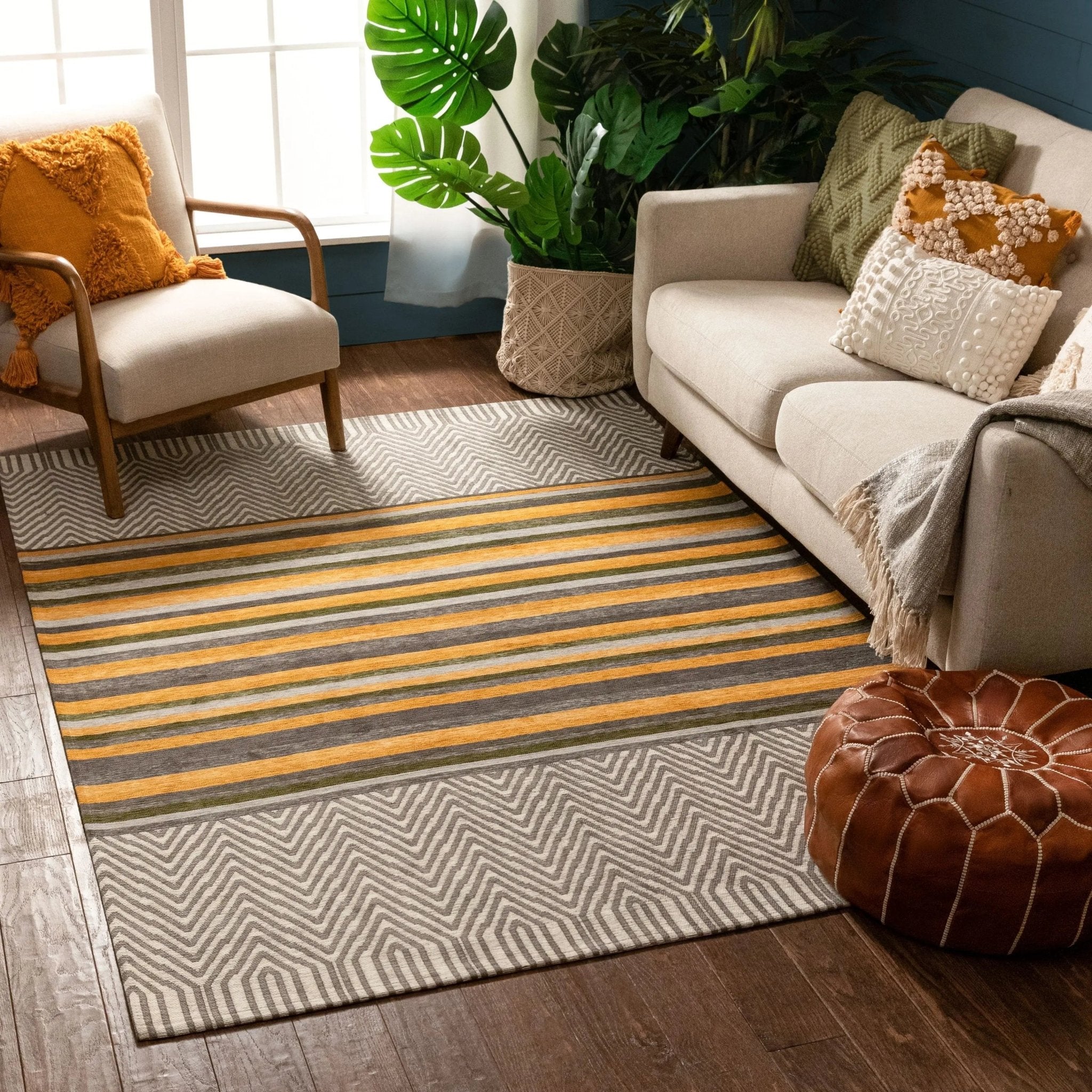 Chia Contemporary Solid & Striped Beige Gold 5'3" x 7'3" Rug Well Woven