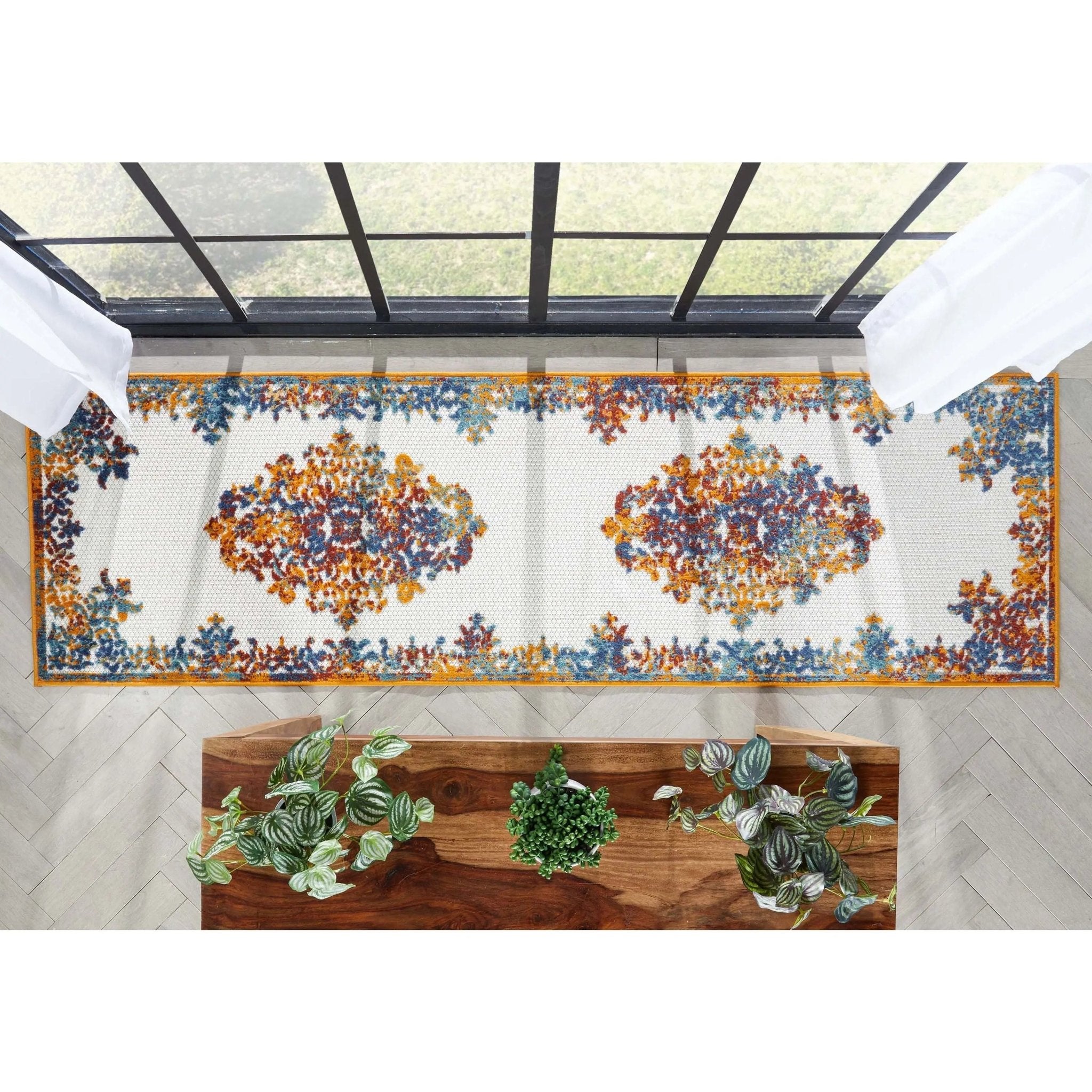 Arid Modern Medallion Persian Indoor/Outdoor Ivory High-Low Rug Well Woven