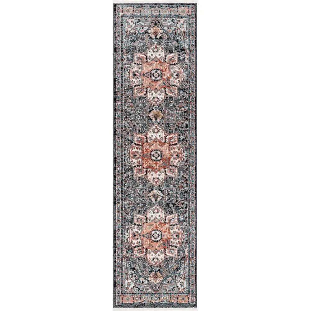 Minos Vintage Bohemian Oriental Floral Black Rug Well Woven