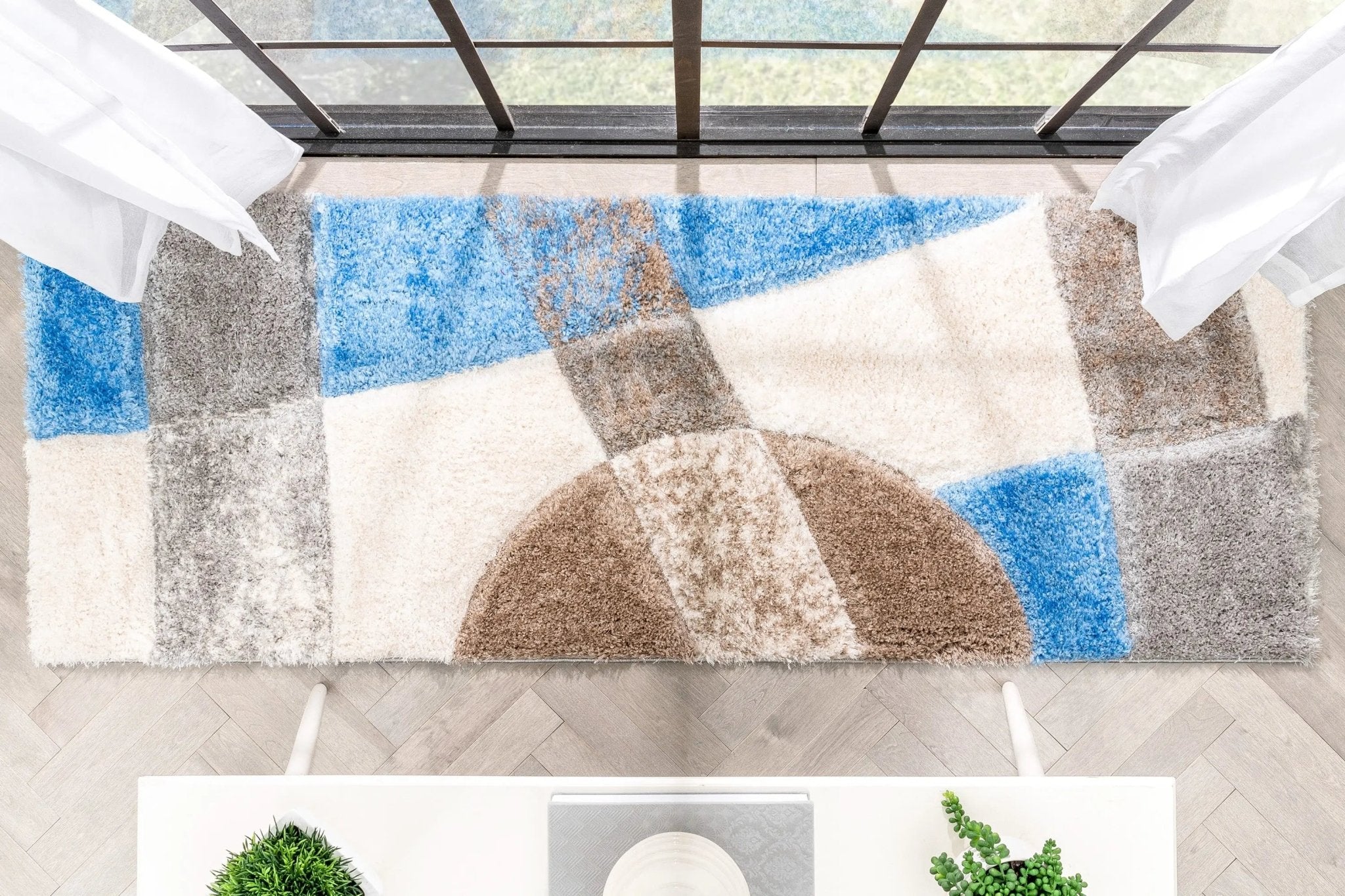 Remi Contemporary Geometric Boxes 3D Textured Shag Grey Light Blue Rug Well Woven