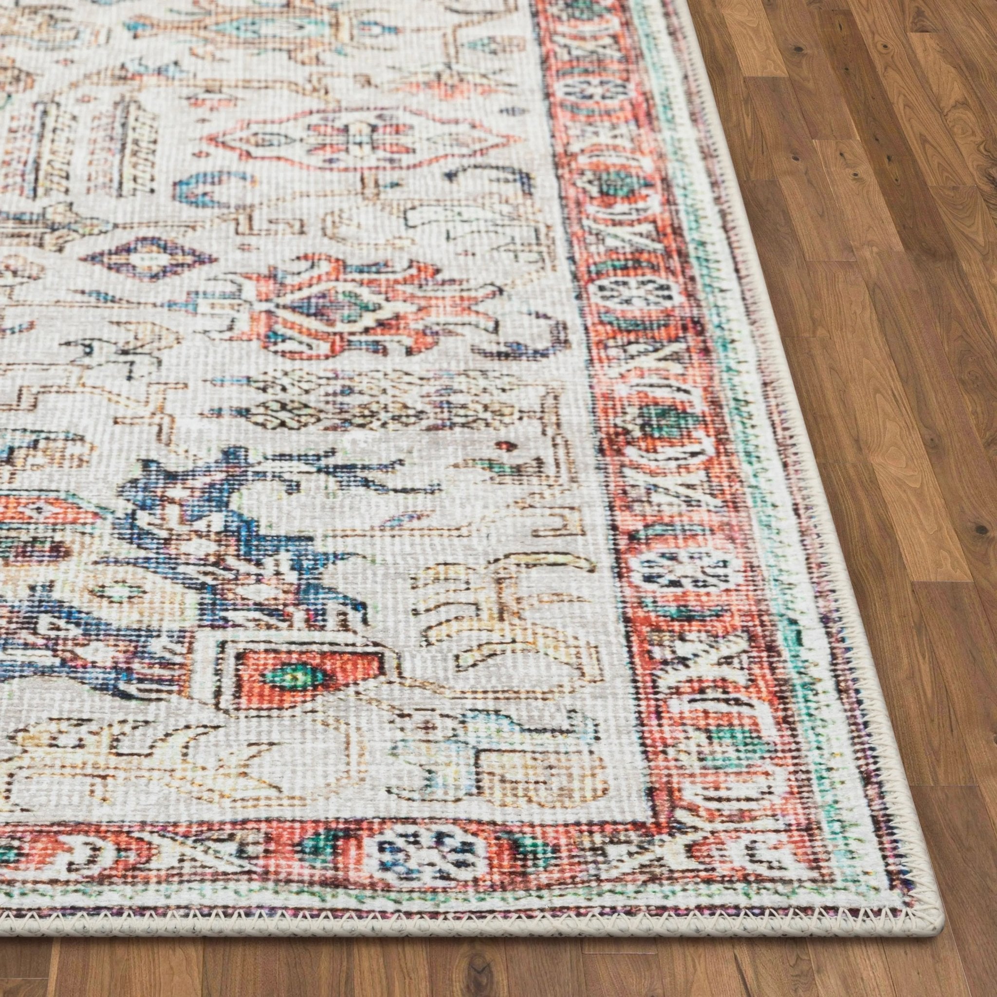 Pomona Machine Washable Vintage Medallion Botanical Border Ivory Flat-Weave Distressed Rug Well Woven