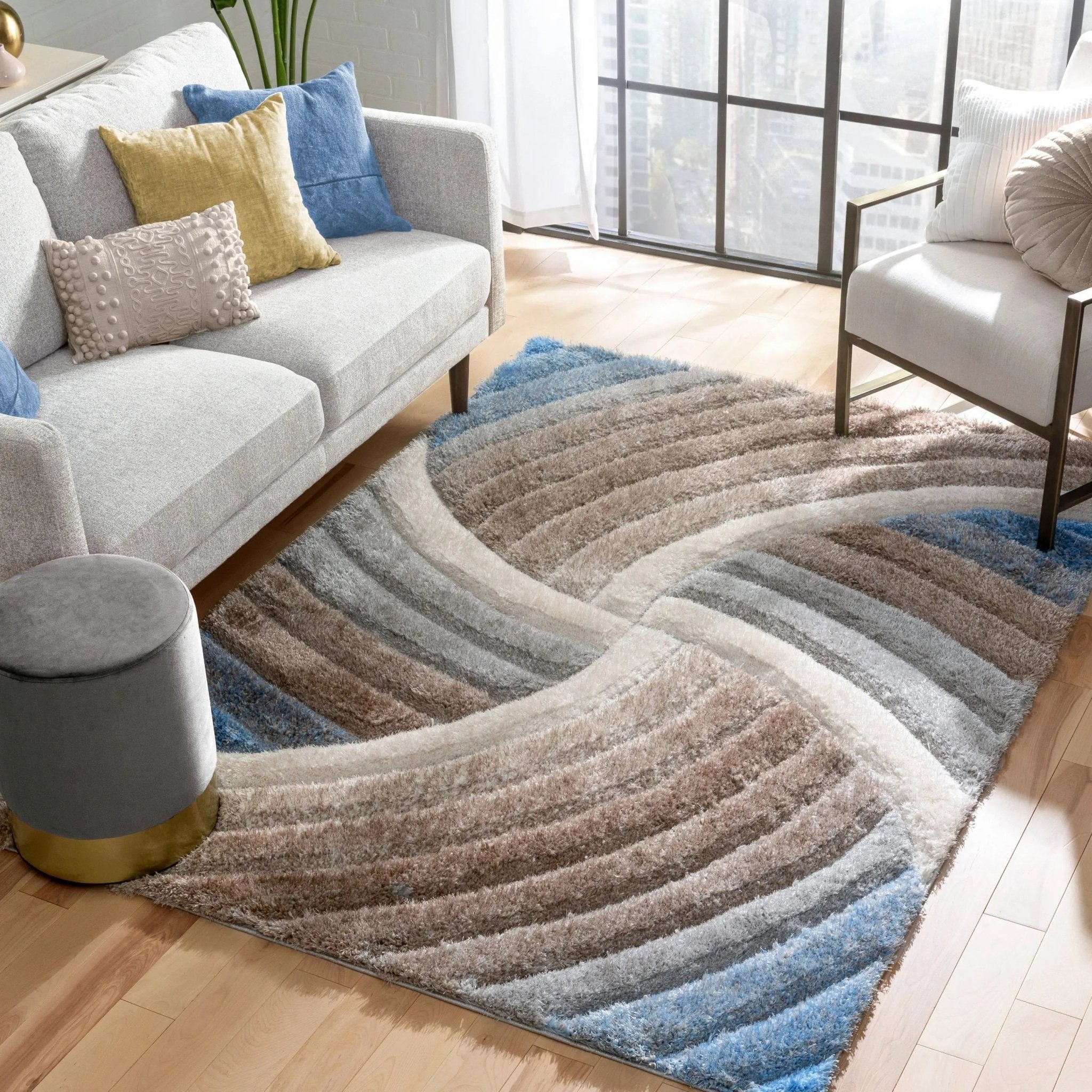 Ucci Modern Modern Geometric Shag Beige 3D Textured Thick & Soft Shag Rug Well Woven