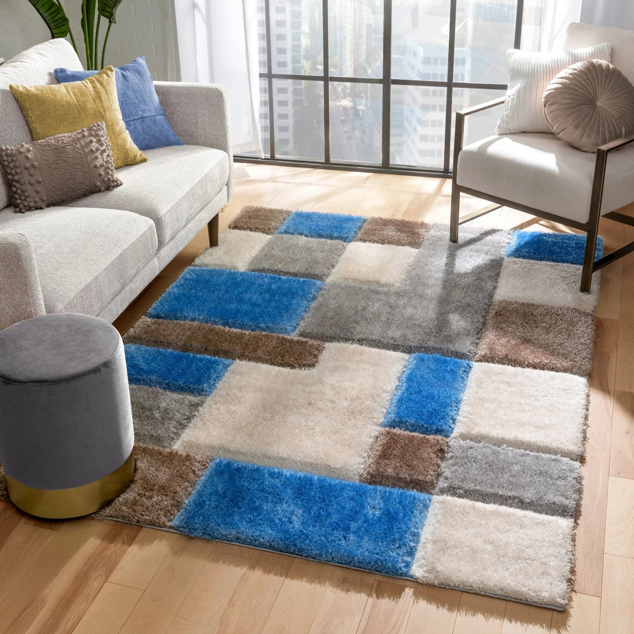 Escondido Modern Geometric Boxes Shag Light Blue 3D Textured Thick & Soft Shag Rug Well Woven