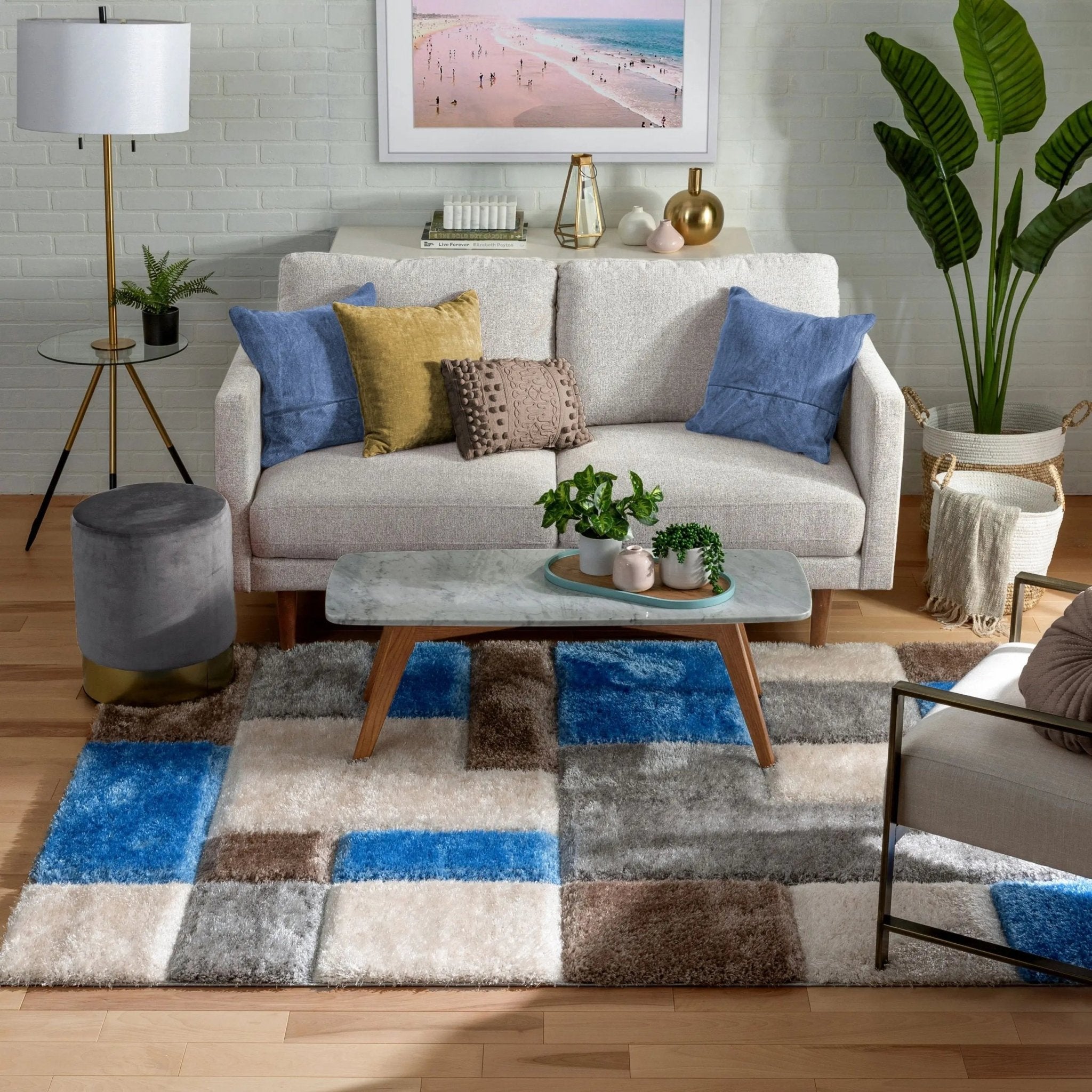 Escondido Modern Geometric Boxes Shag Light Blue 3D Textured Thick & Soft Shag Rug Well Woven