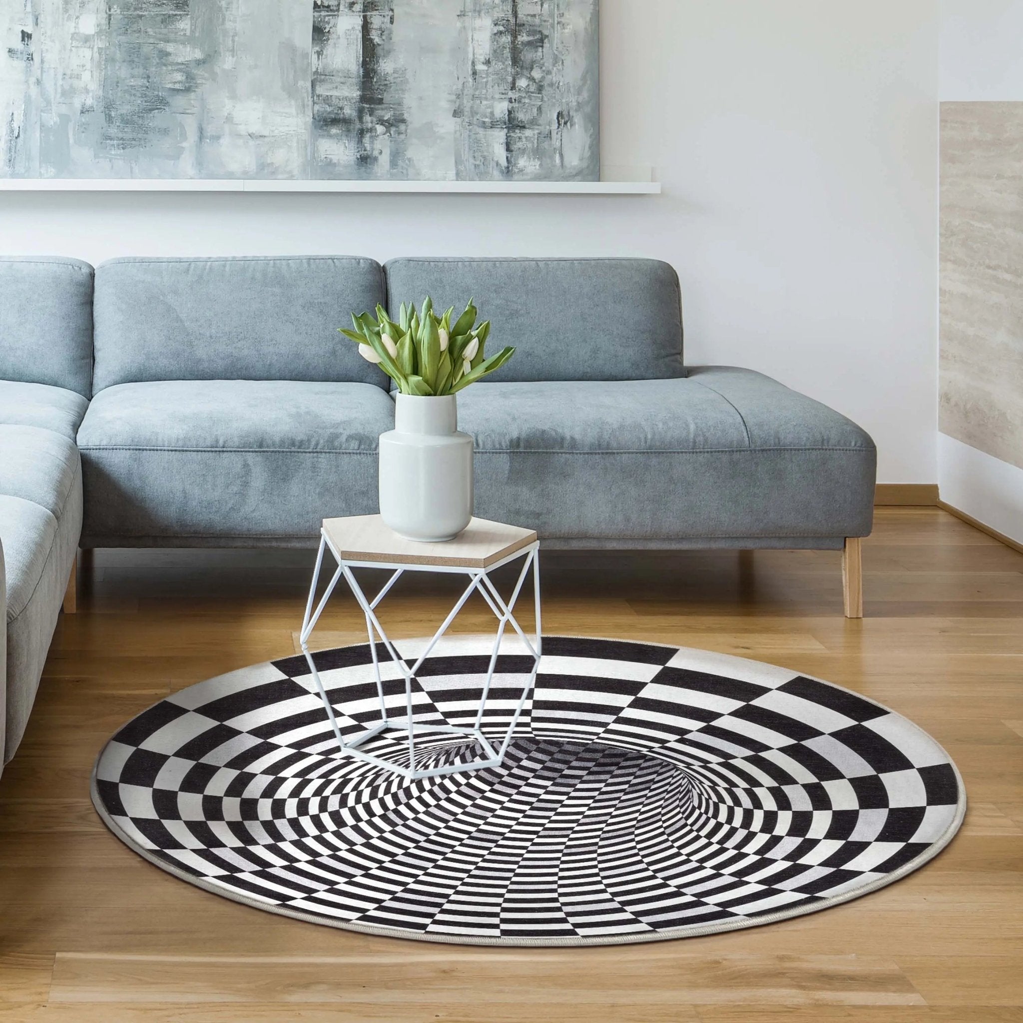 Vortex 3D Bottomless Hole Black Ivory Area Flat-Weave Rug Well Woven