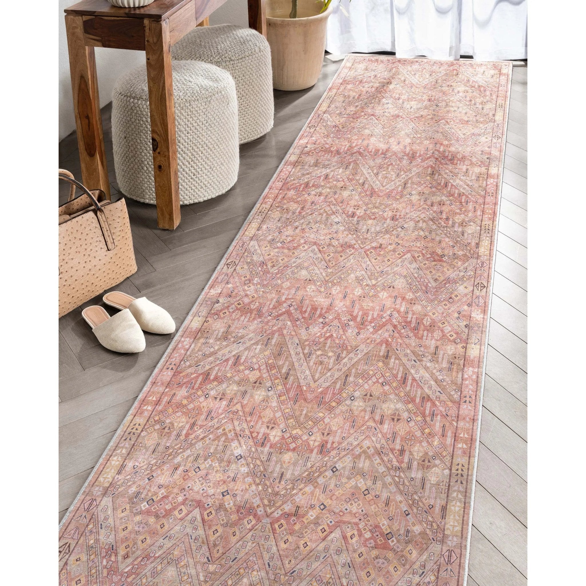 Anya Vintage Tribal Chevron Pink Beige Rust Flat-Weave Rug Well Woven