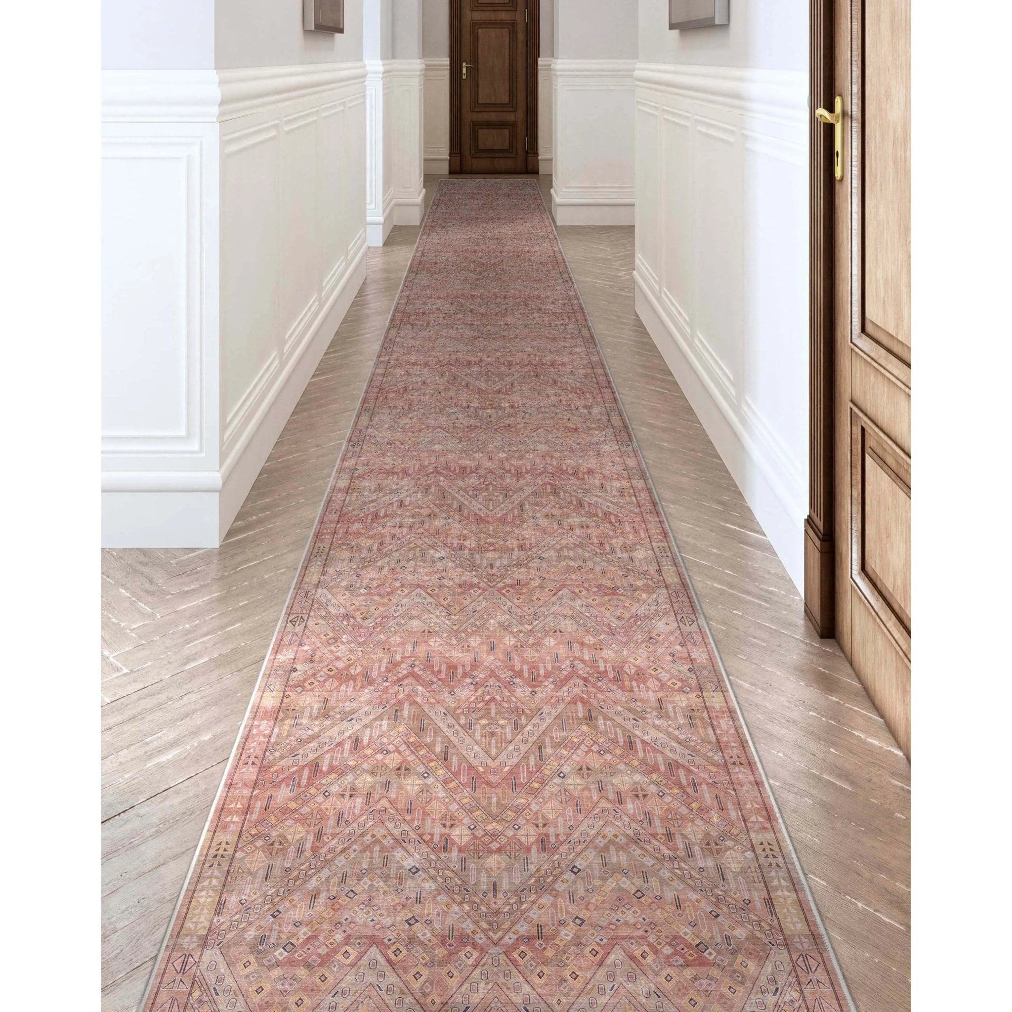 Anya Vintage Tribal Chevron Pink Beige Rust Flat-Weave Rug Well Woven