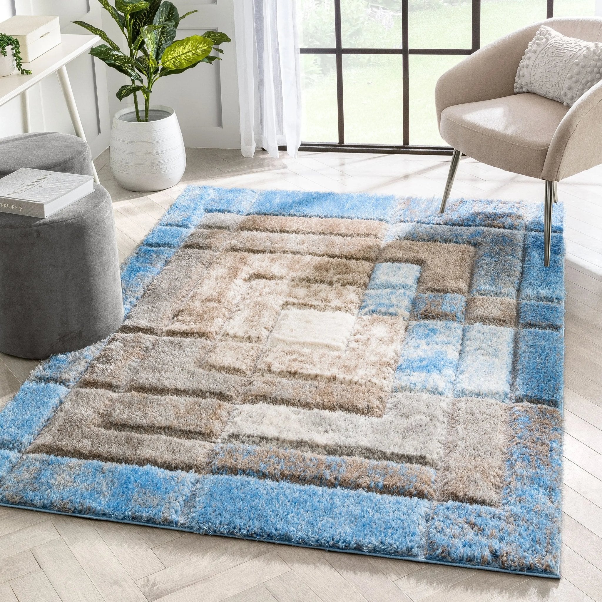 Kenzo Retro Geometric Pattern 3D Textured Shag Grey Light Blue Rug Well Woven