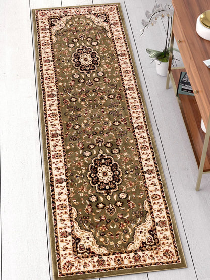 Medallion Kashan Green Traditional Rug Well Woven
