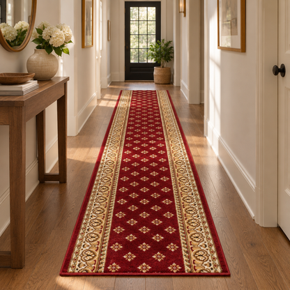 A long red runner rug with ornate beige and gold patterns is shown in a hallway with hardwood floors, white walls, framed art, and a console table.